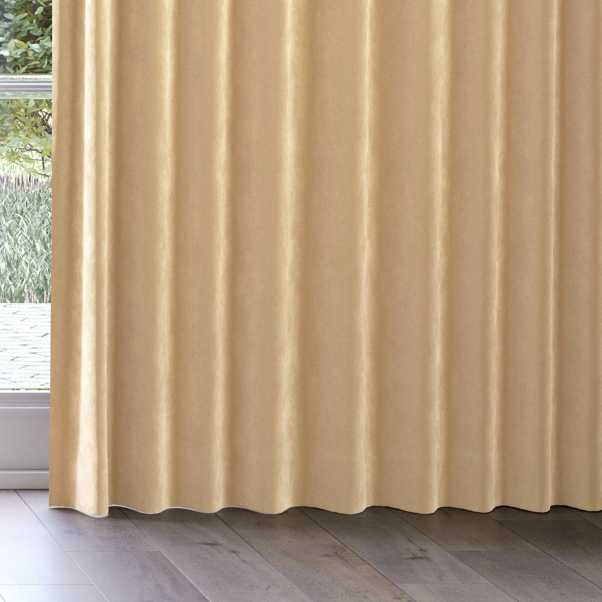 Bottom view of Lux Velvet Antelope 8406, on curtain rail