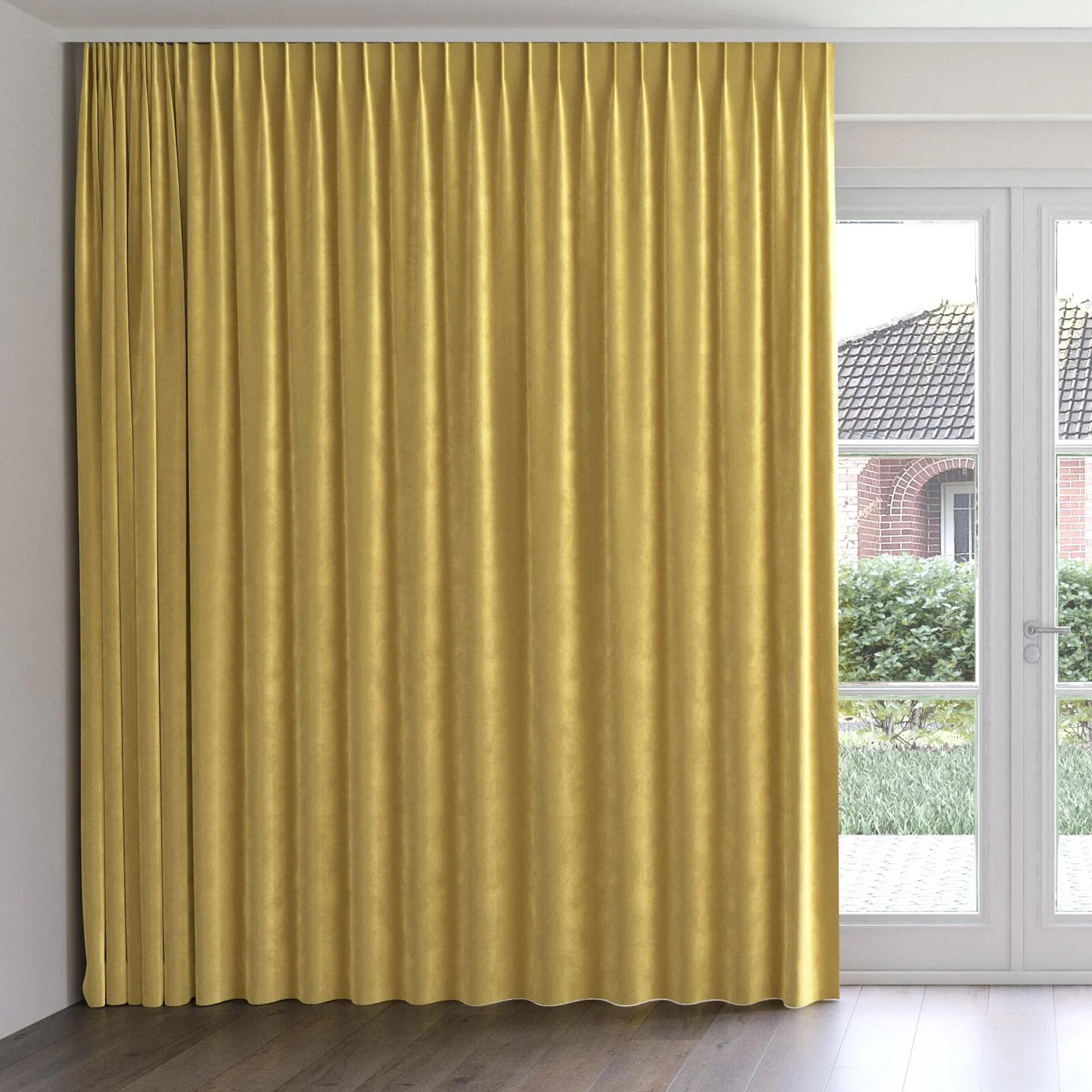 Front view of Velvelux Gold, on curtain rail