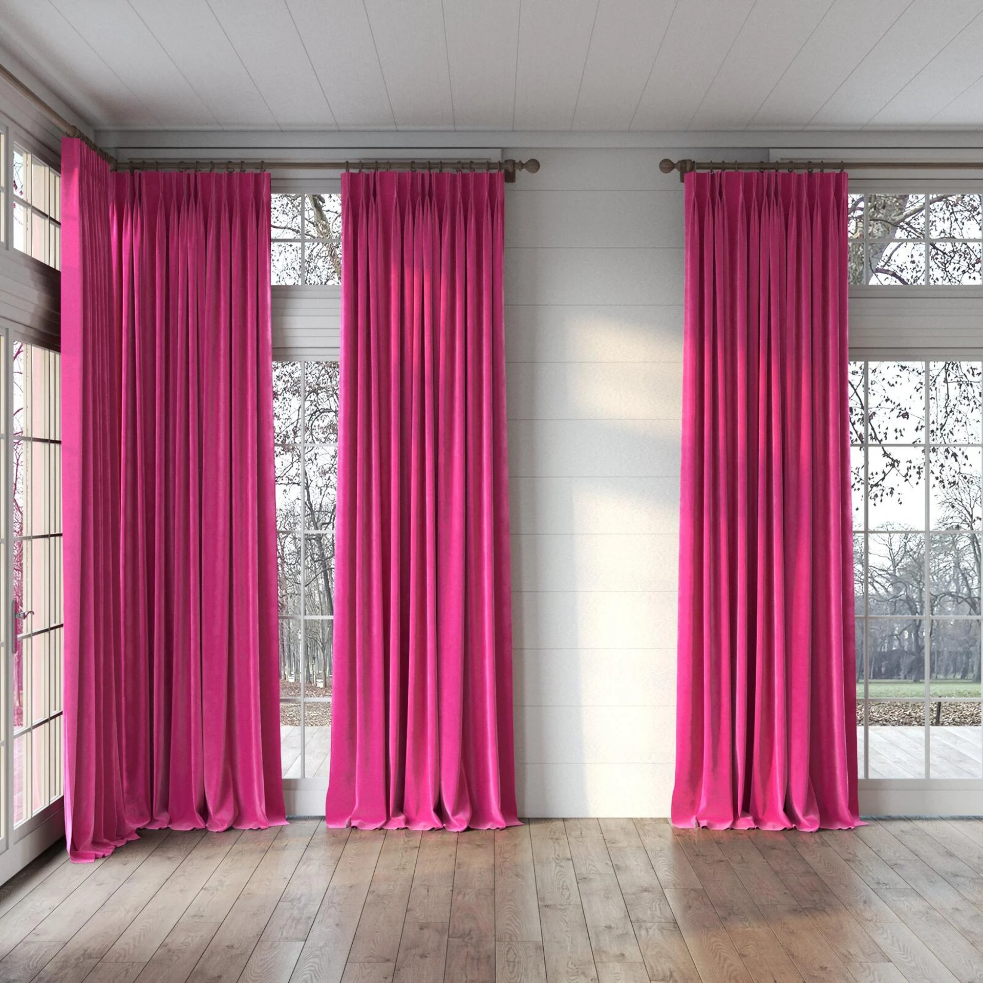 Full view of Lux Velvet Cerise 8509, puddled, on curtain rod