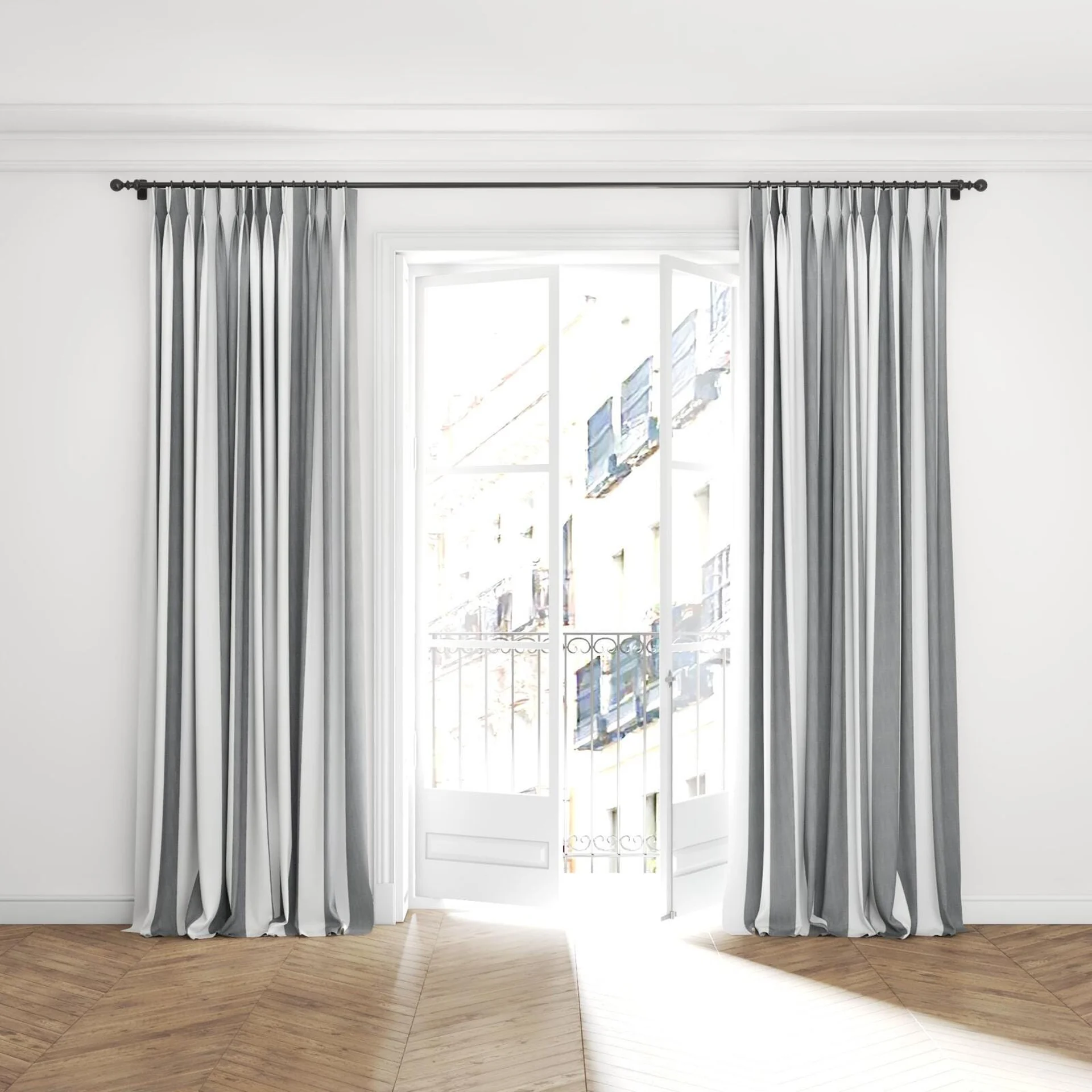 Full view of Chambray Bold Black, puddled with pinch pleat, on curtain rod