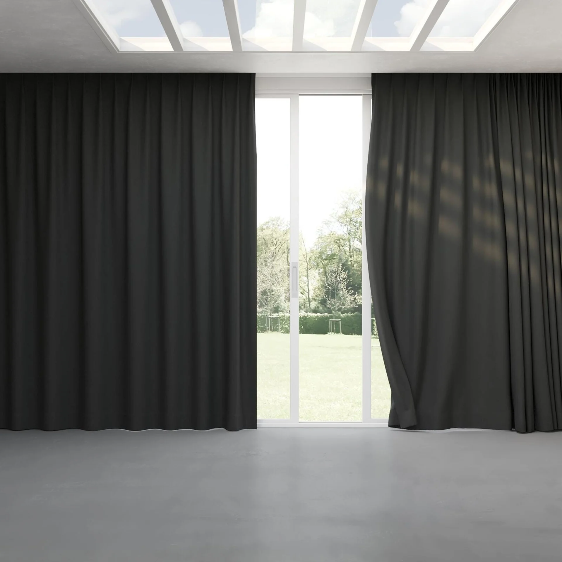 Full view of Retreat II Midnight, pinch pleat
