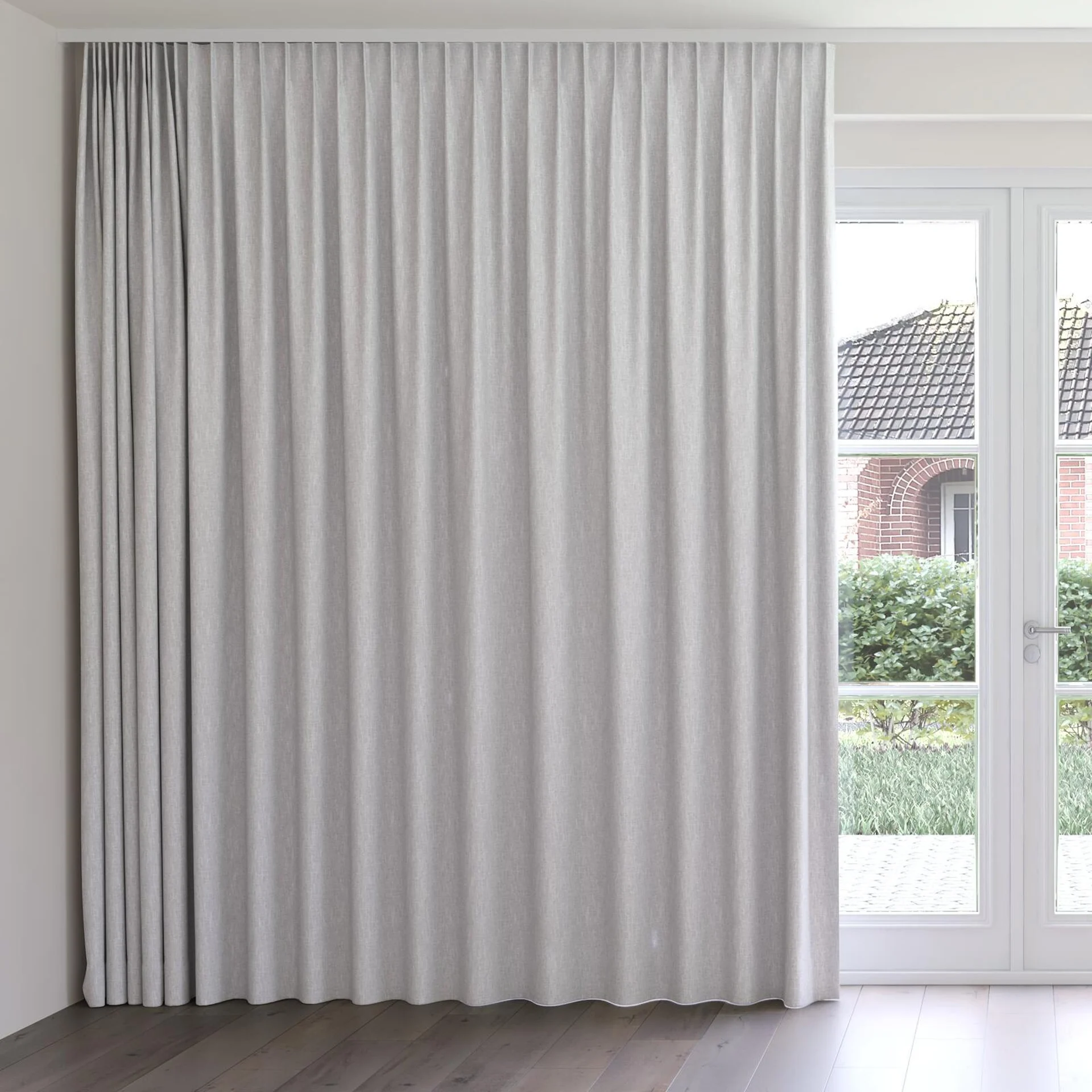 Front view of Retreat II Stone, on curtain rail