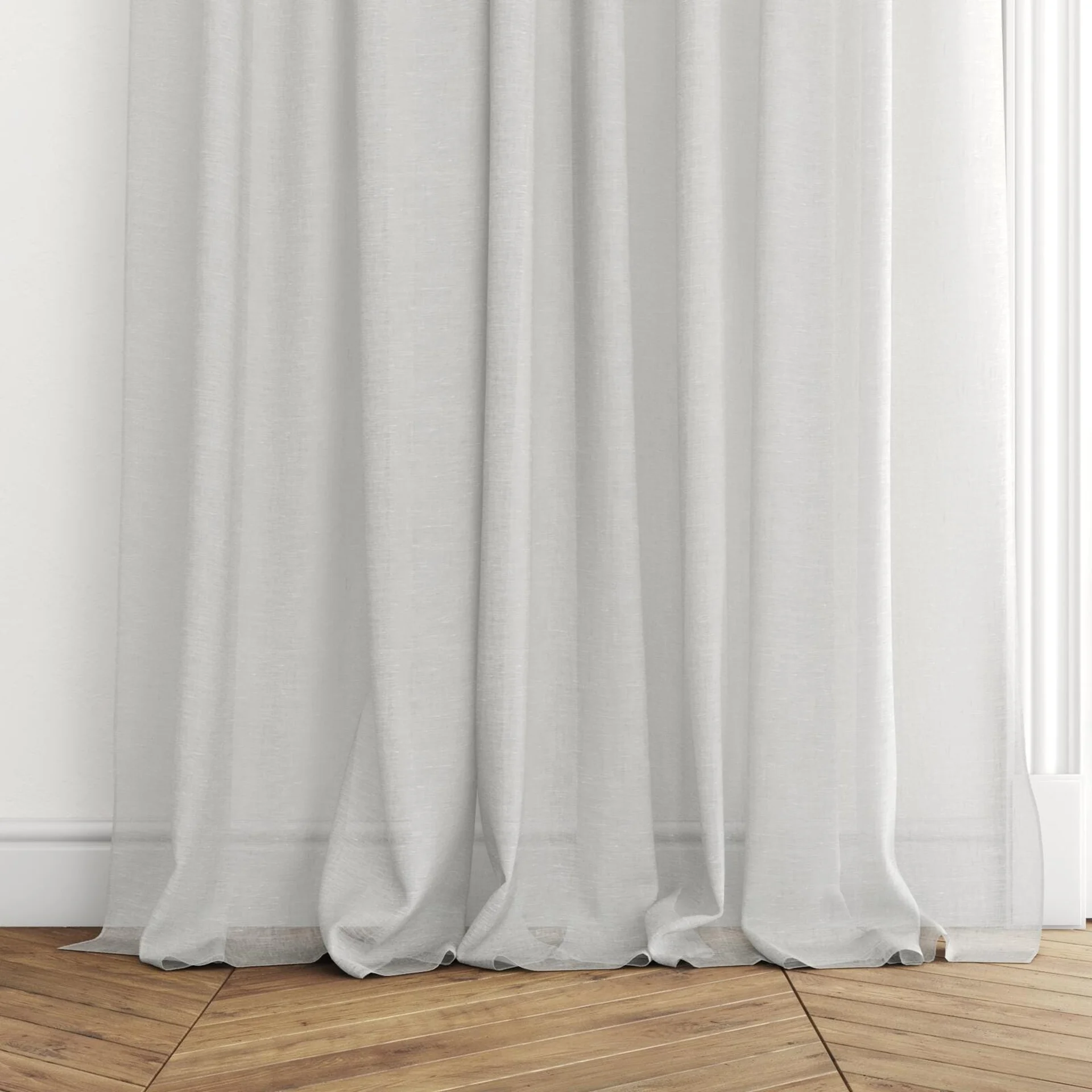 Bottom view of Lino Mist, puddled with pinch pleat, on curtain rod