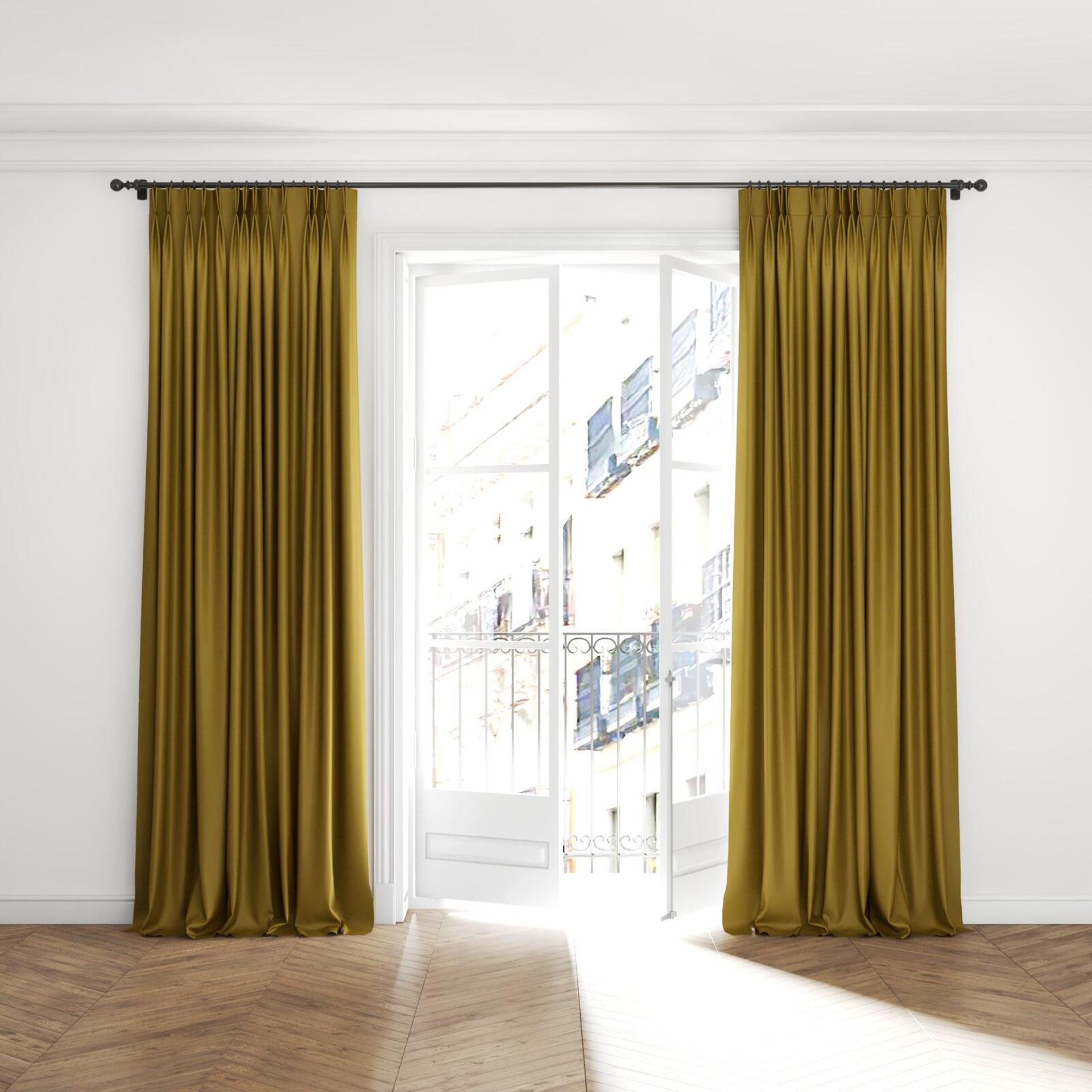 Full view of Silk Road Tarnished, puddled with pinch pleat, on curtain rod