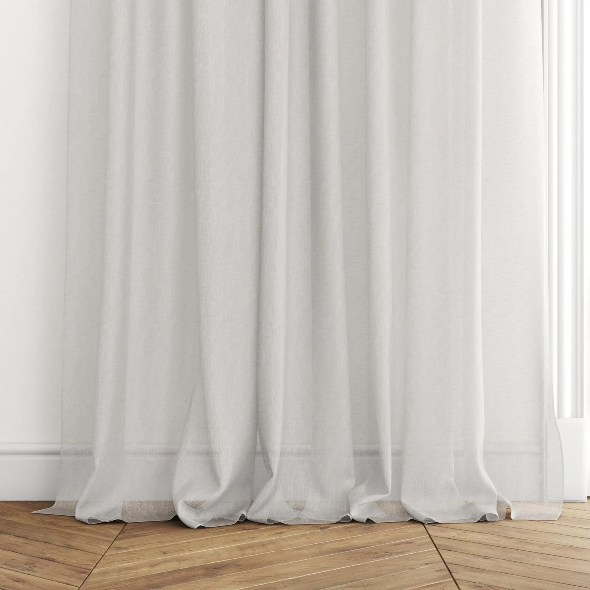 Bottom view of Beauvoir Oyster, puddled with pinch pleat, on curtain rod