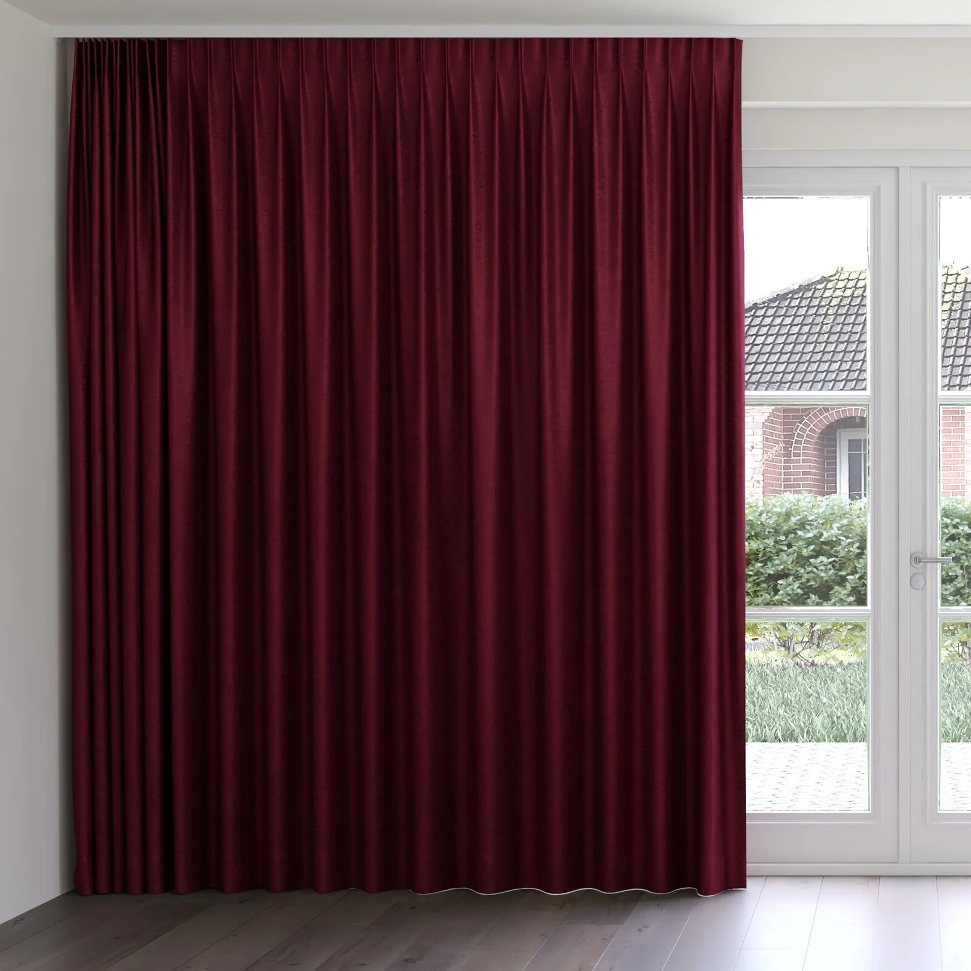Front view of Hug Burgundy, on curtain rail