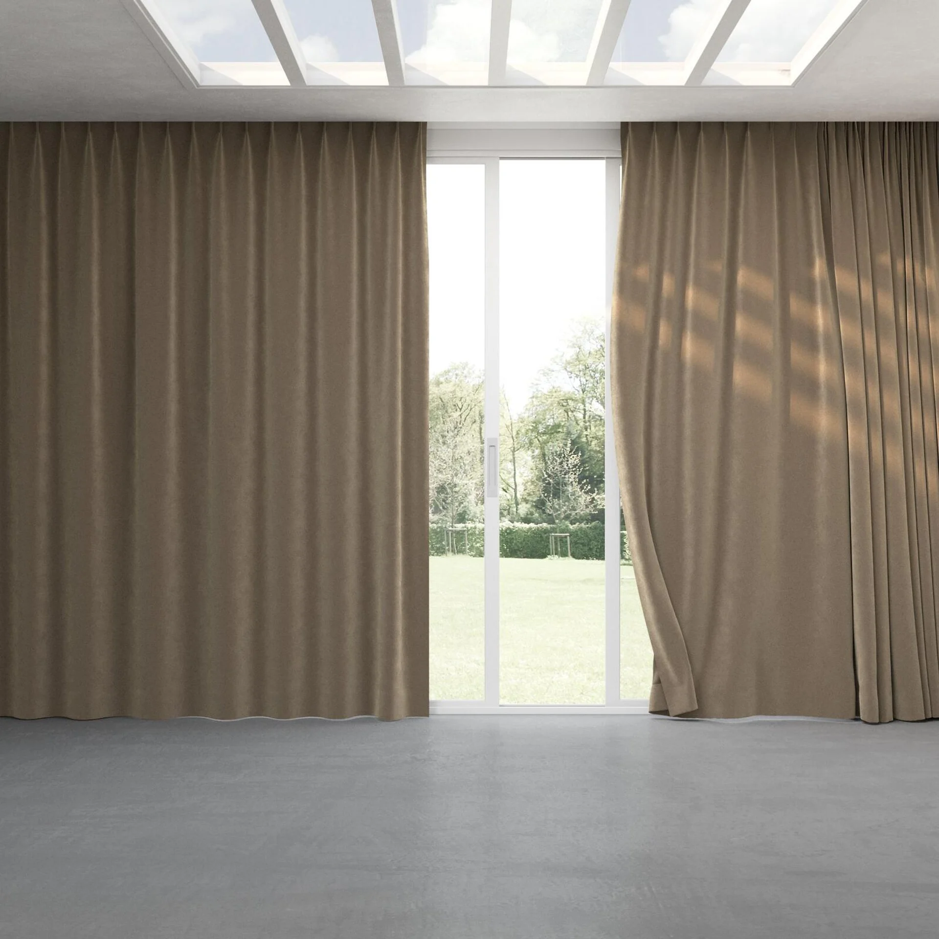 Full view of Vienna Taupe, pinch pleat