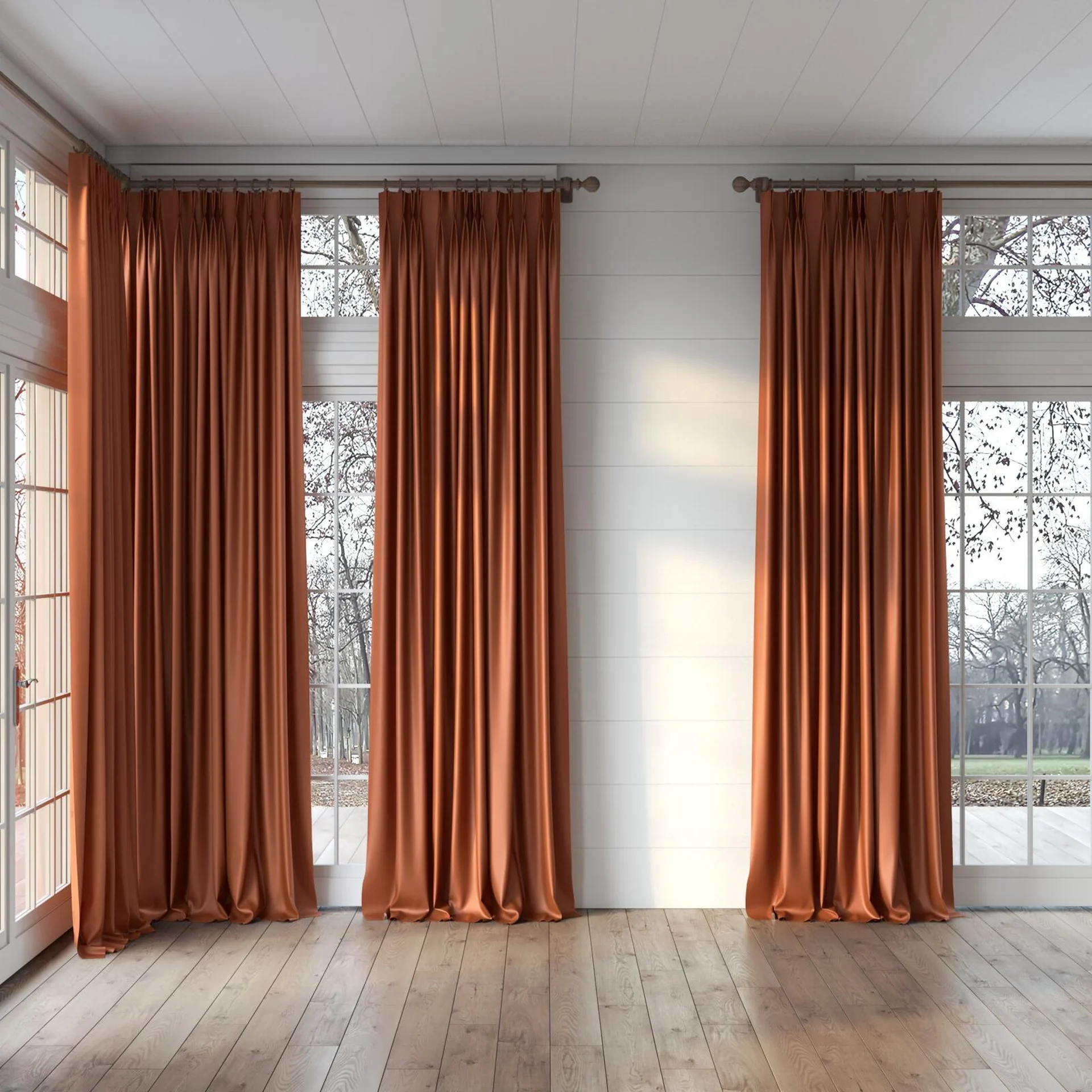 Full view of Sleek Fox, puddled, on curtain rod
