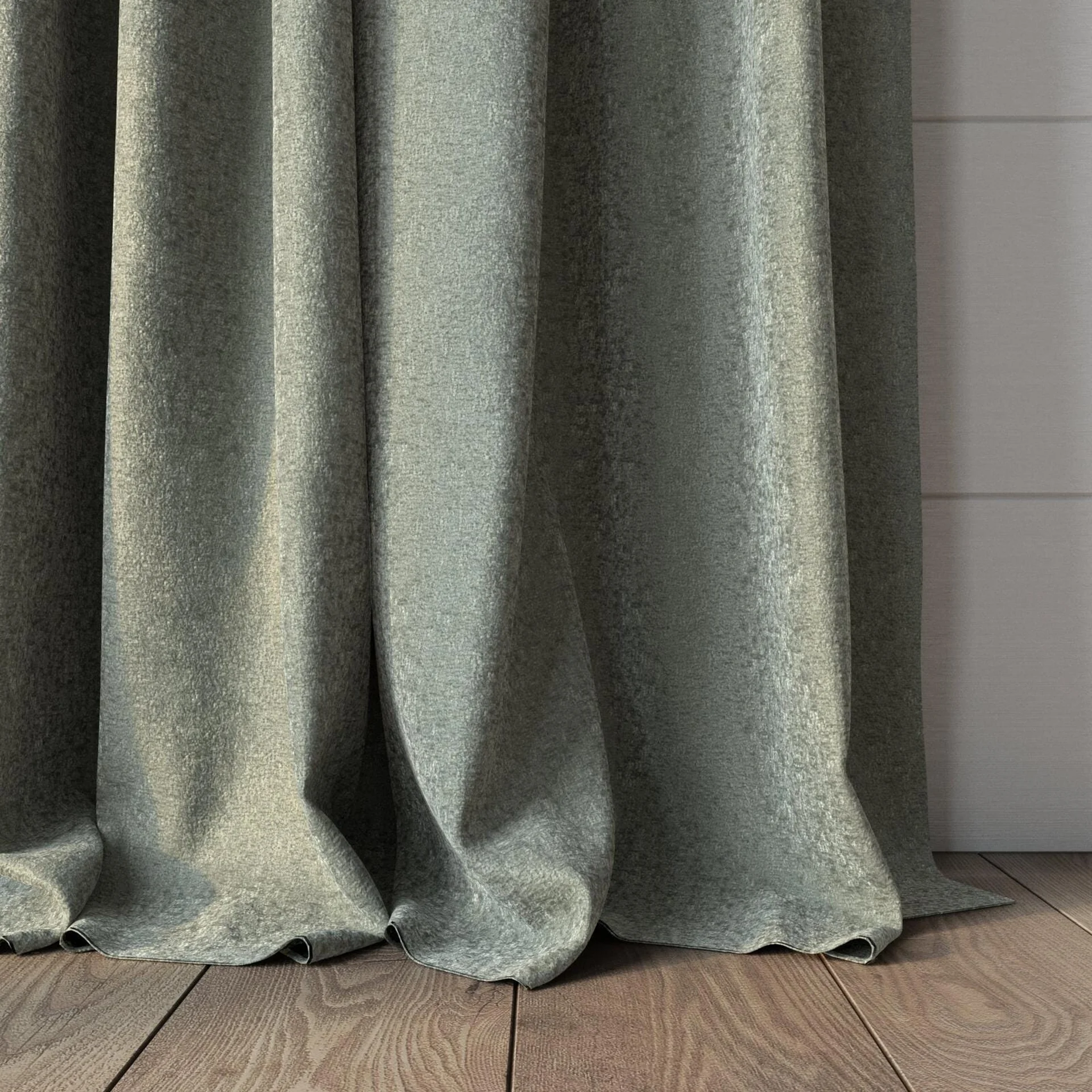 Bottom view of Brigadier Thyme, puddled, on curtain rod
