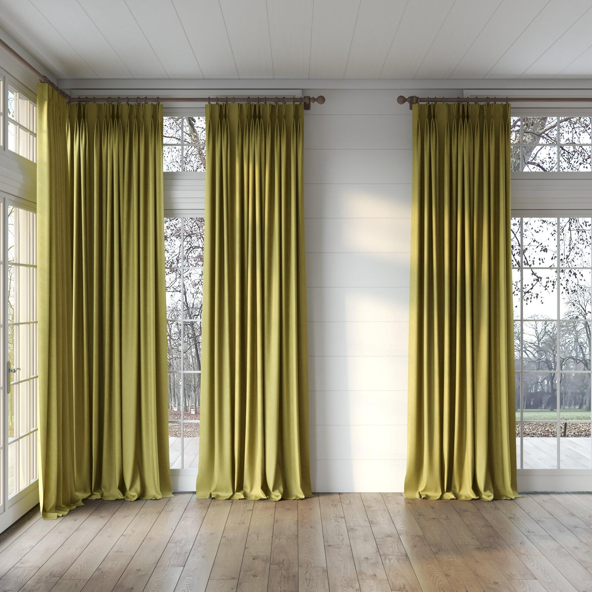 Full view of Liberate Fern, puddled, on curtain rod