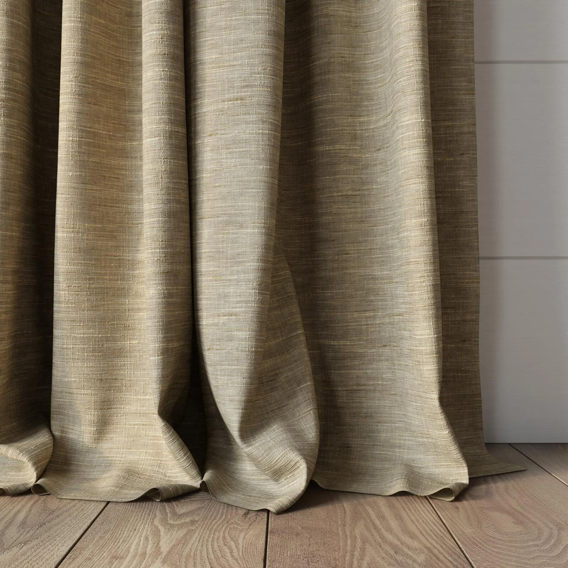 Bottom view of Venus Ivory, puddled, on curtain rod