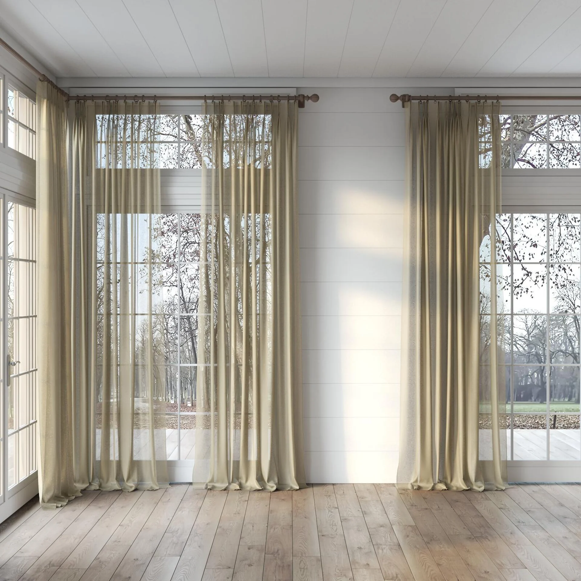 Full view of Kanji Khaki, puddled, on curtain rod