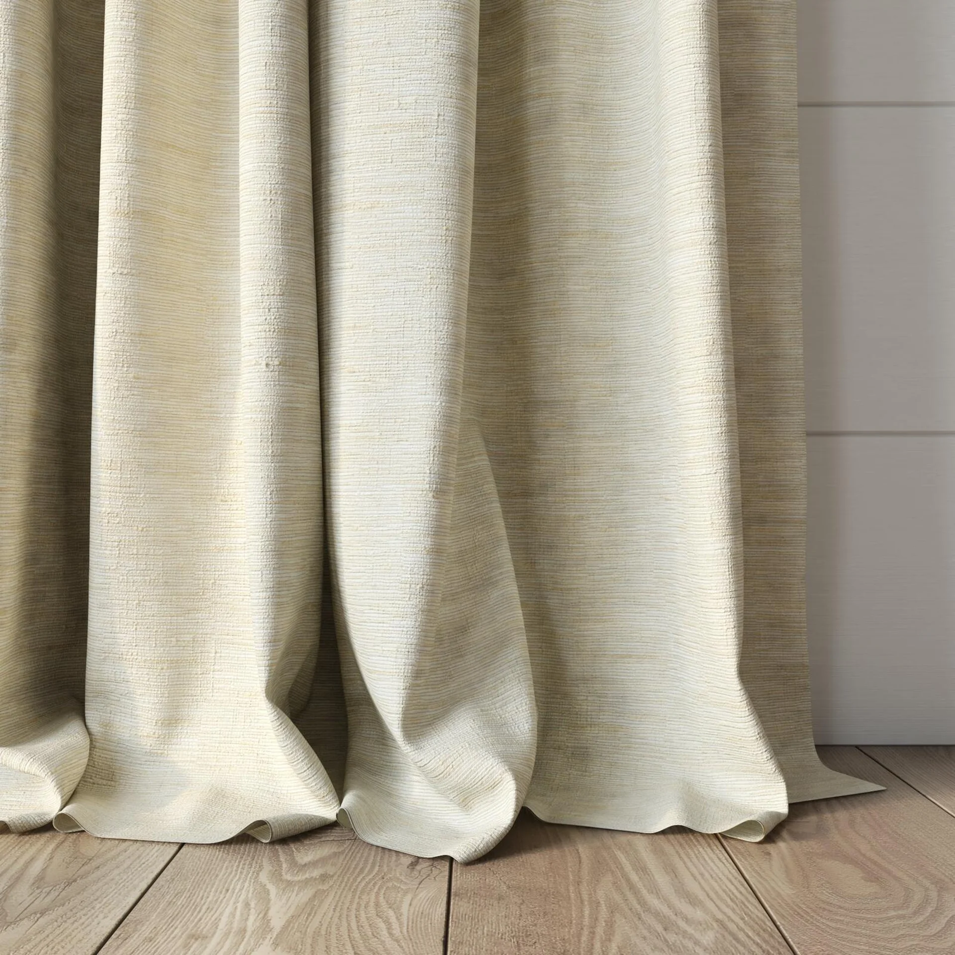 Bottom view of Venus Champagne, puddled, on curtain rod