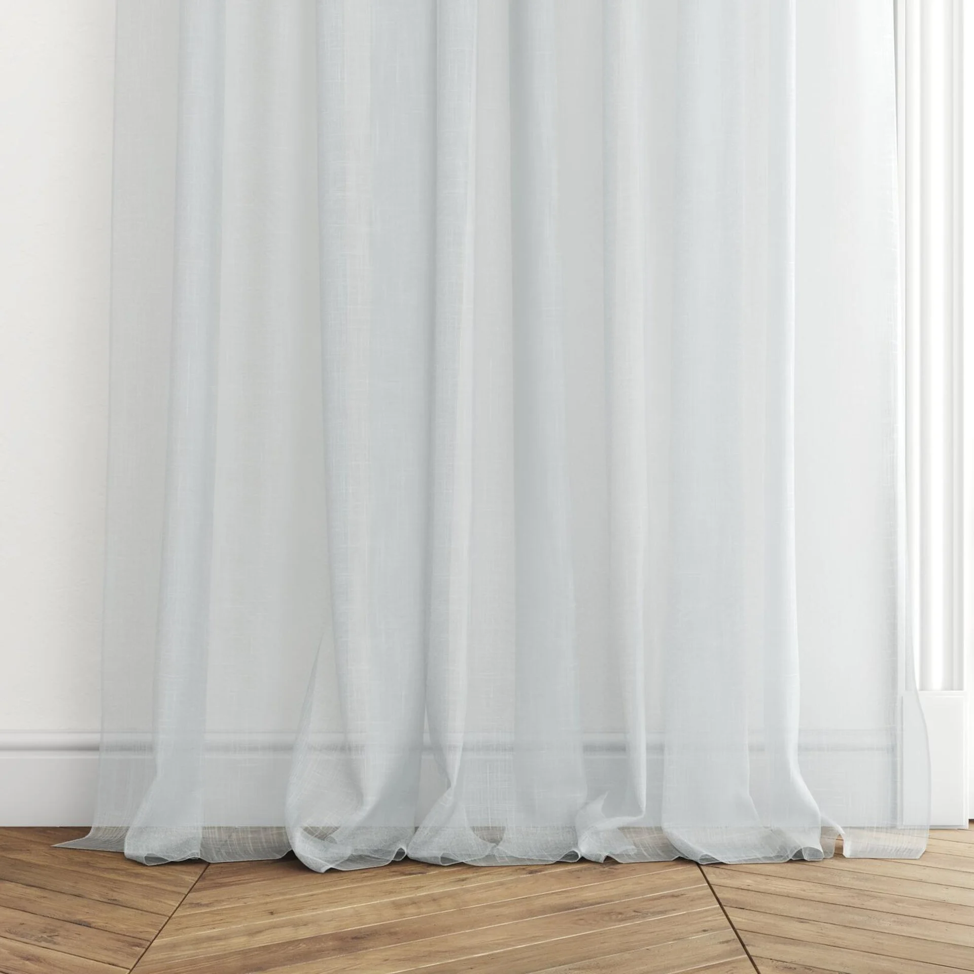 Bottom view of Attica Seafoam, puddled with pinch pleat, on curtain rod