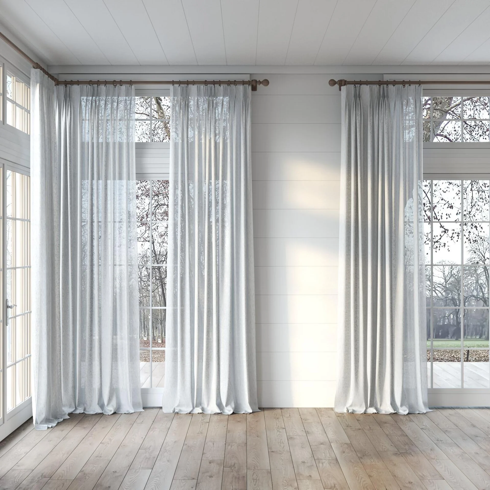 Full view of Shoji Dove Grey, puddled, on curtain rod