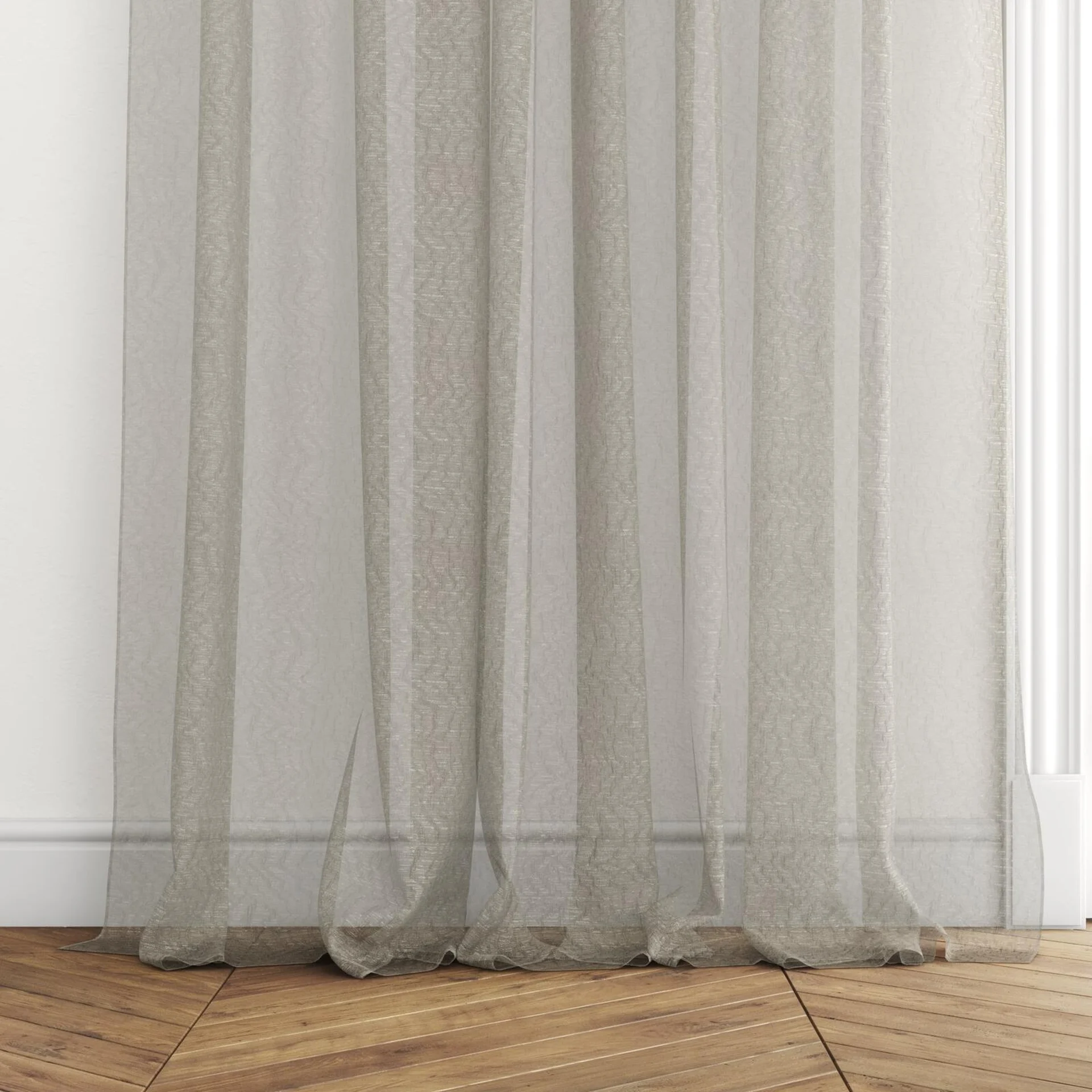 Bottom view of Jasmone Zinc, puddled with pinch pleat, on curtain rod