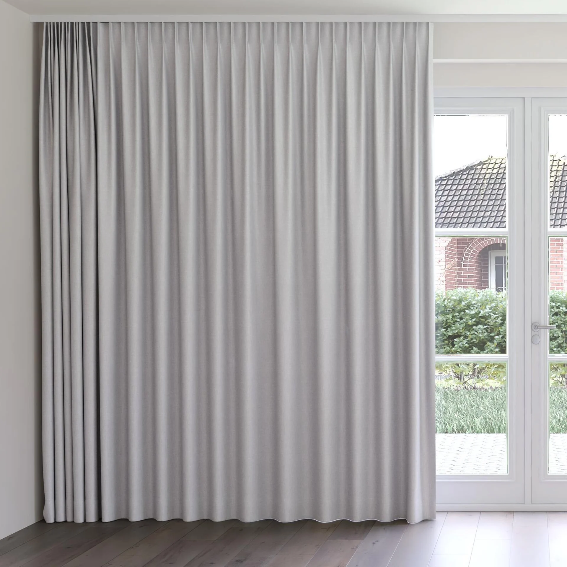 Front view of Retreat Blackout Stone, on curtain rail