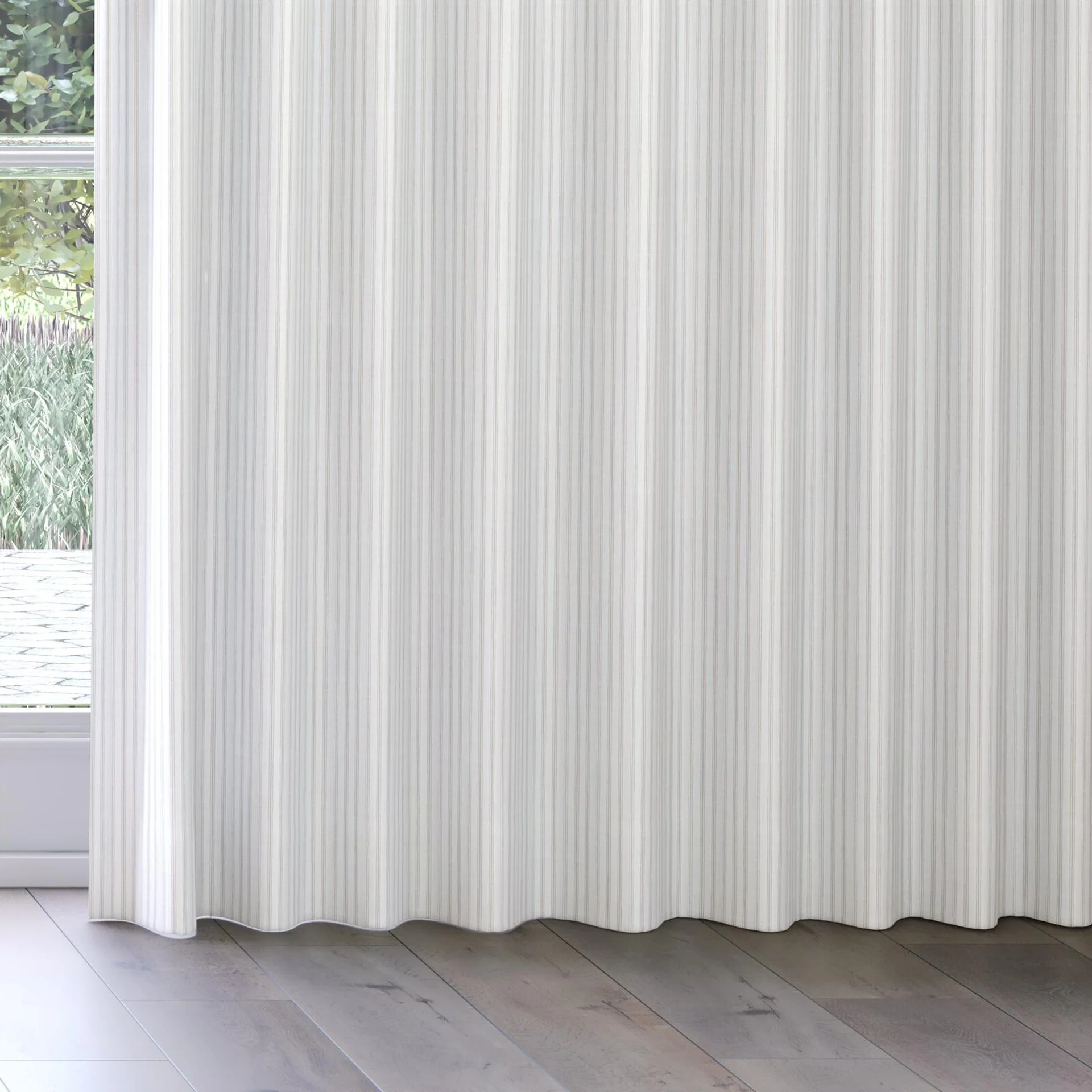 Bottom view of Chambray Ticking Sepia, on curtain rail