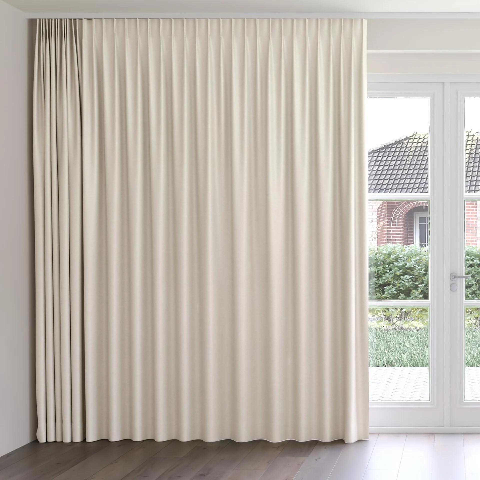 Front view of Provence Greige, on curtain rail