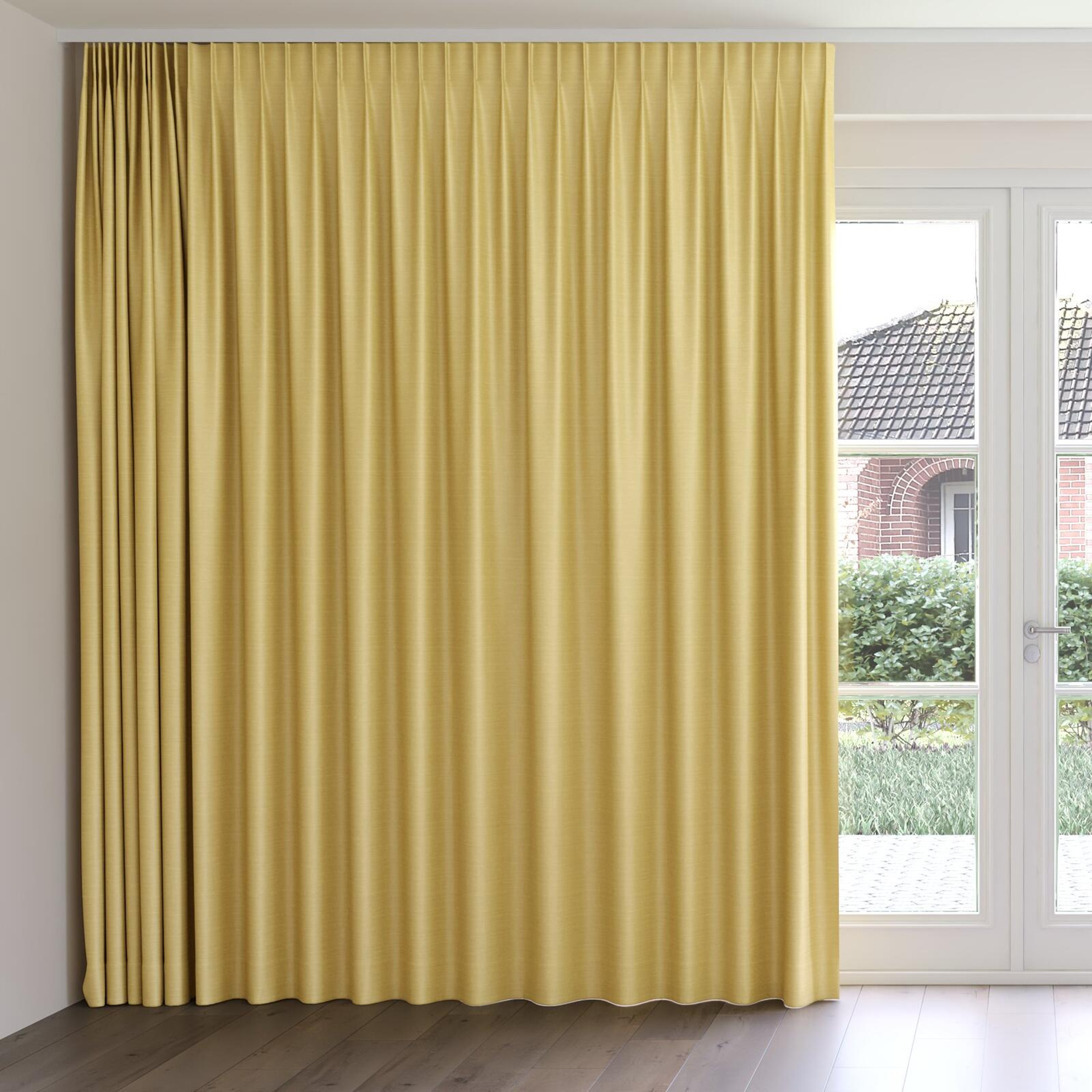 Front view of Silky Straw, on curtain rail
