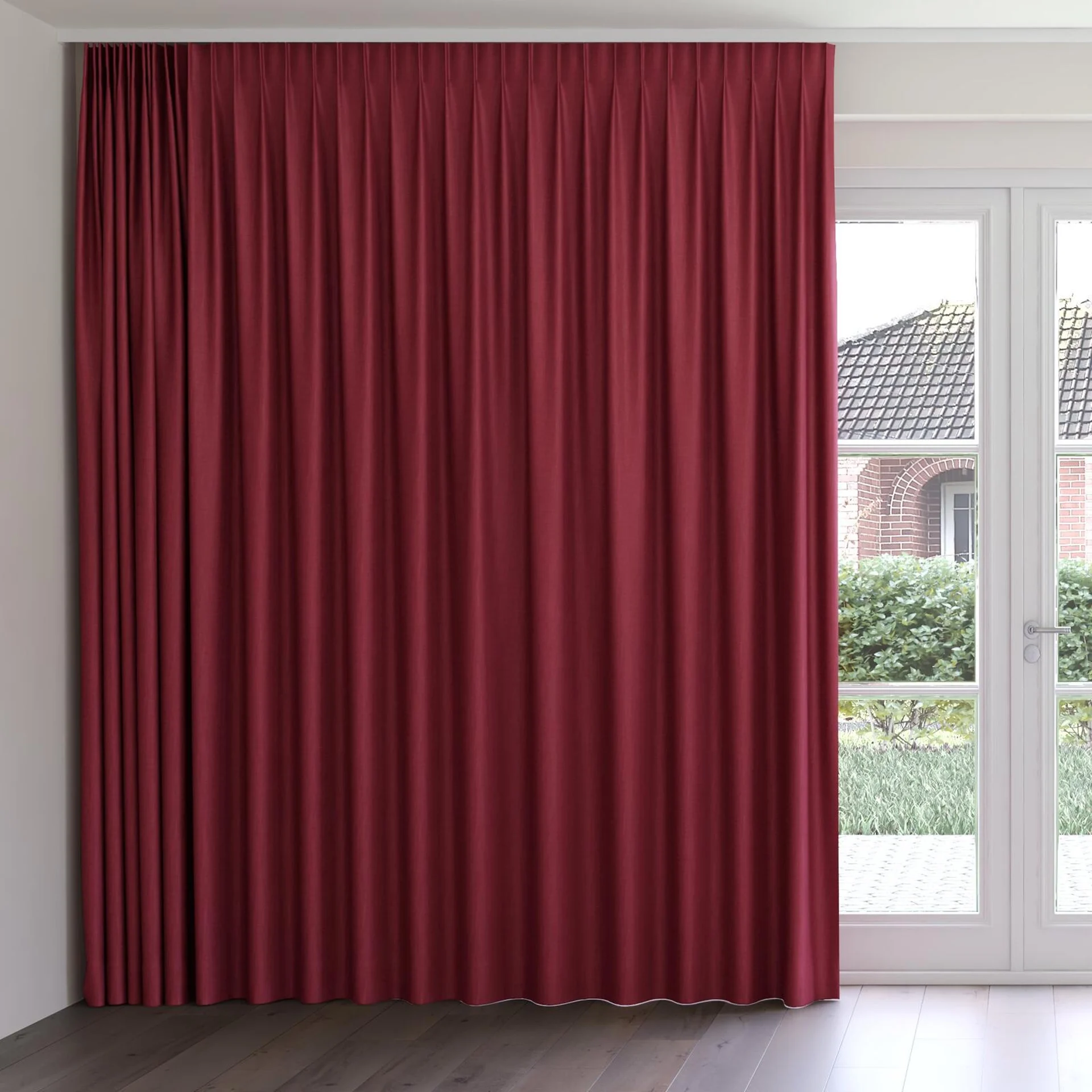 Front view of Frisco Cerise, on curtain rail