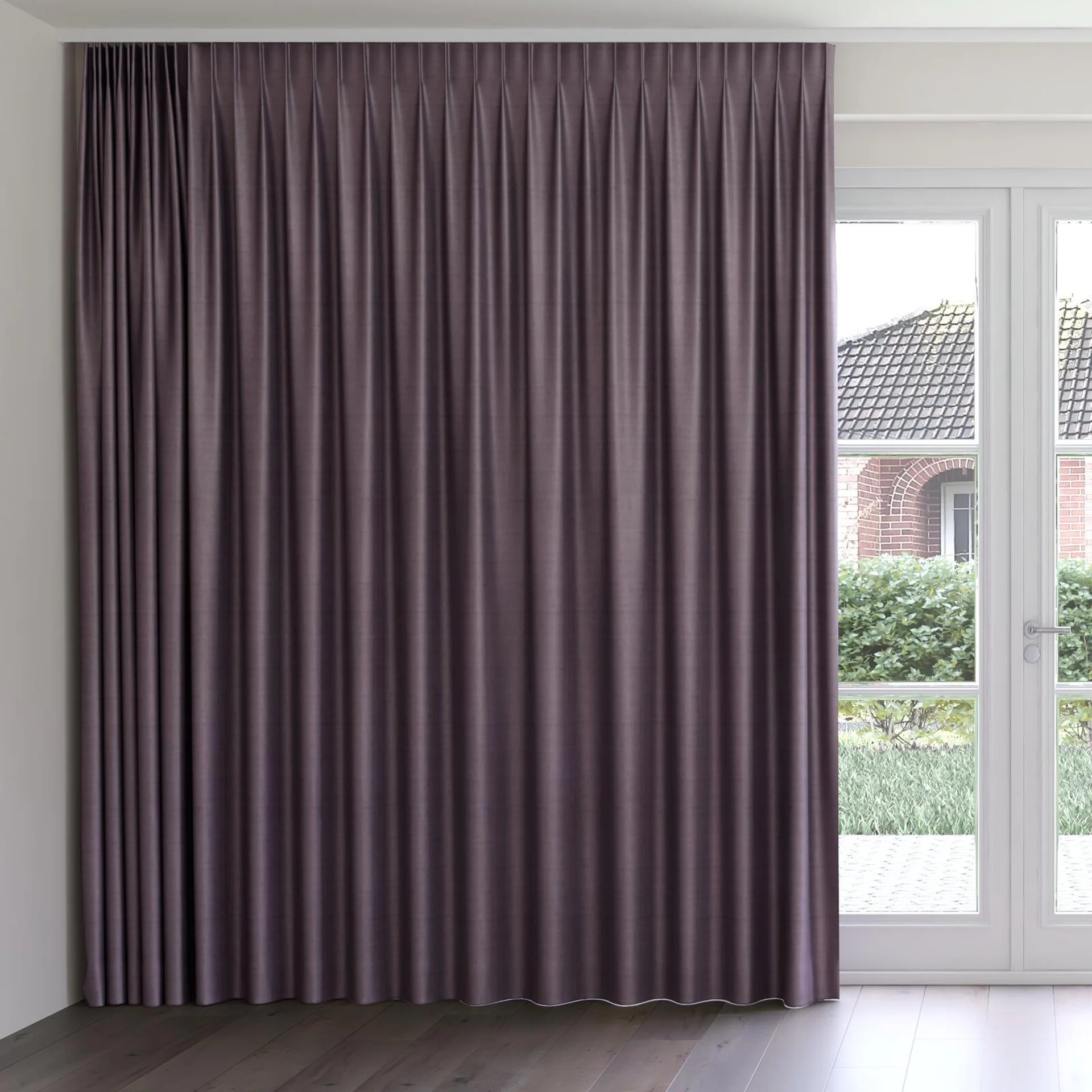 Front view of Zircon Plum, on curtain rail