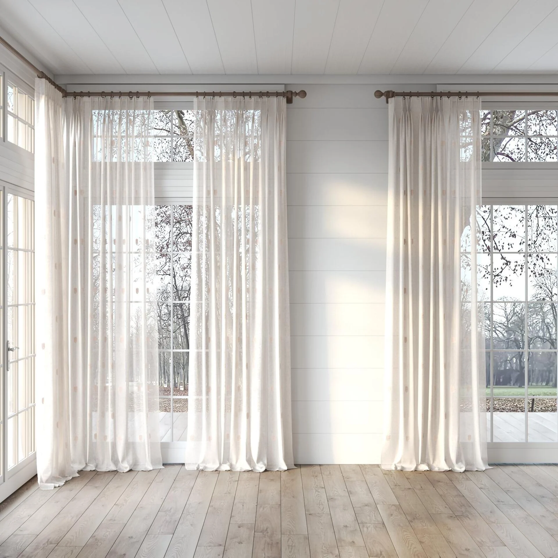 Full view of Gentle Petal, puddled, on curtain rod
