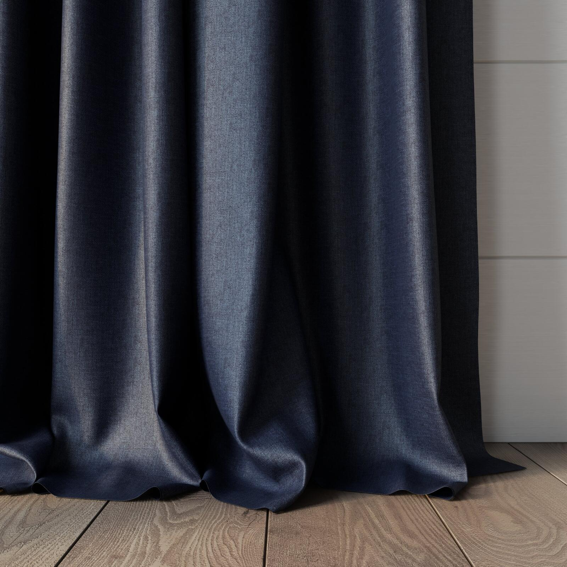 Bottom view of Matrix Navy, puddled, on curtain rod