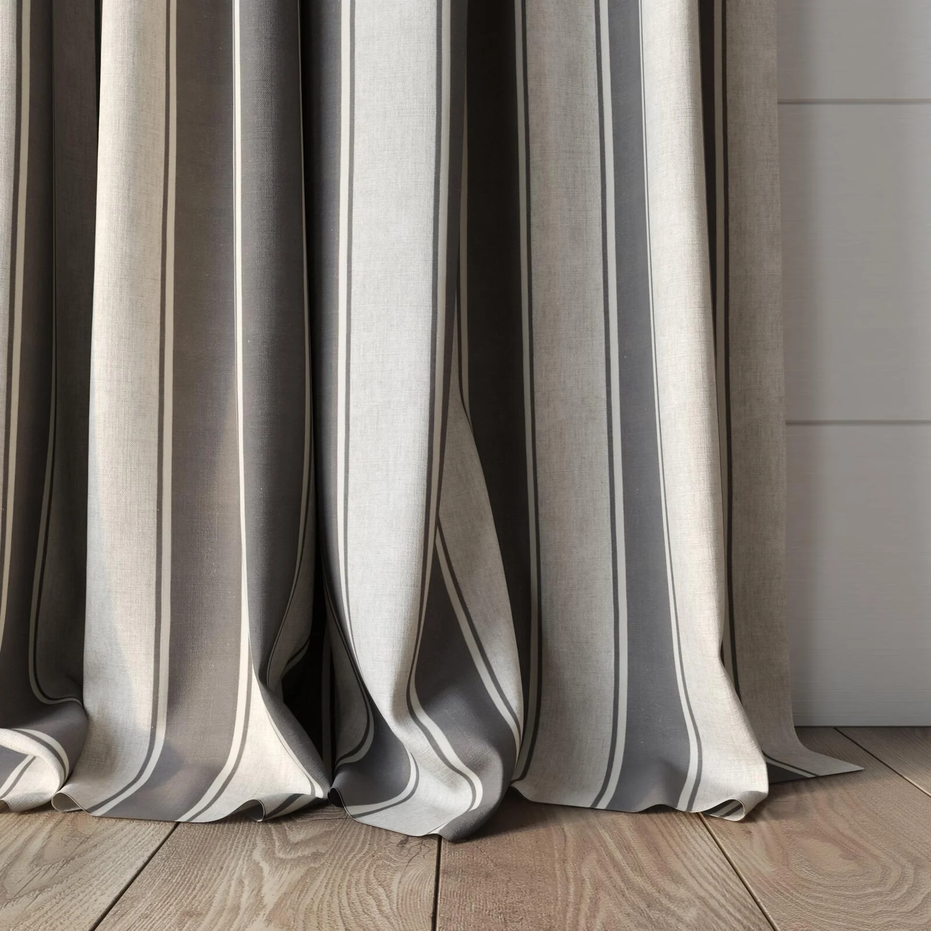 Bottom view of Broad Stripe Charcoal, puddled, on curtain rod