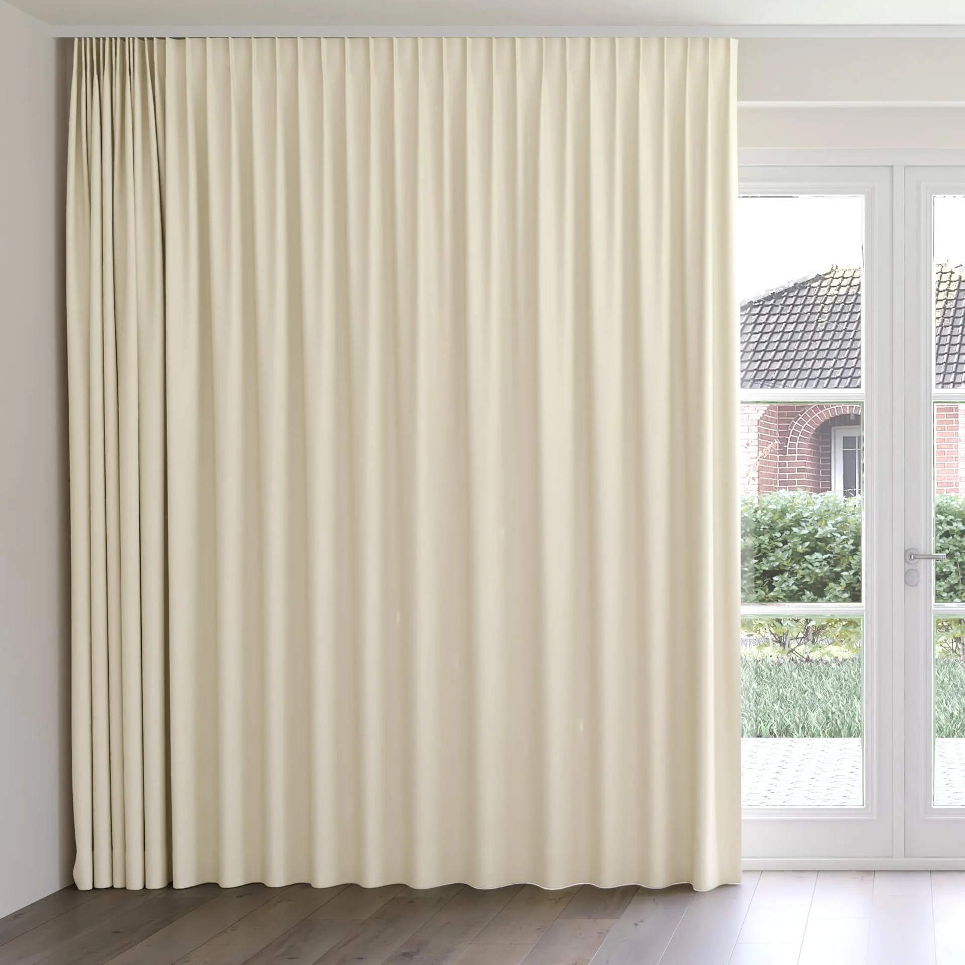 Front view of Vesta Calico, on curtain rail