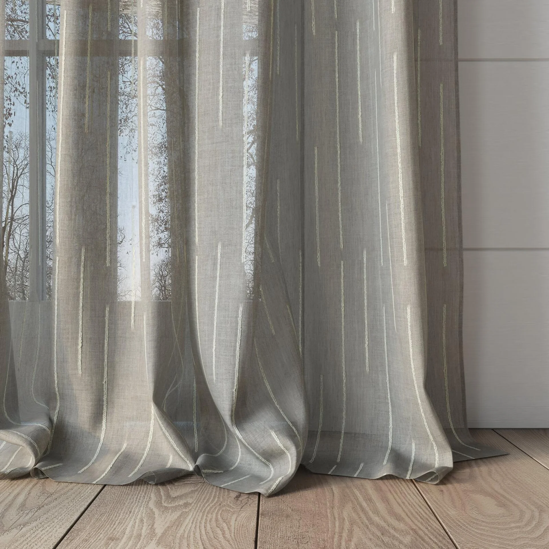 Bottom view of Salento Linen, puddled, on curtain rod