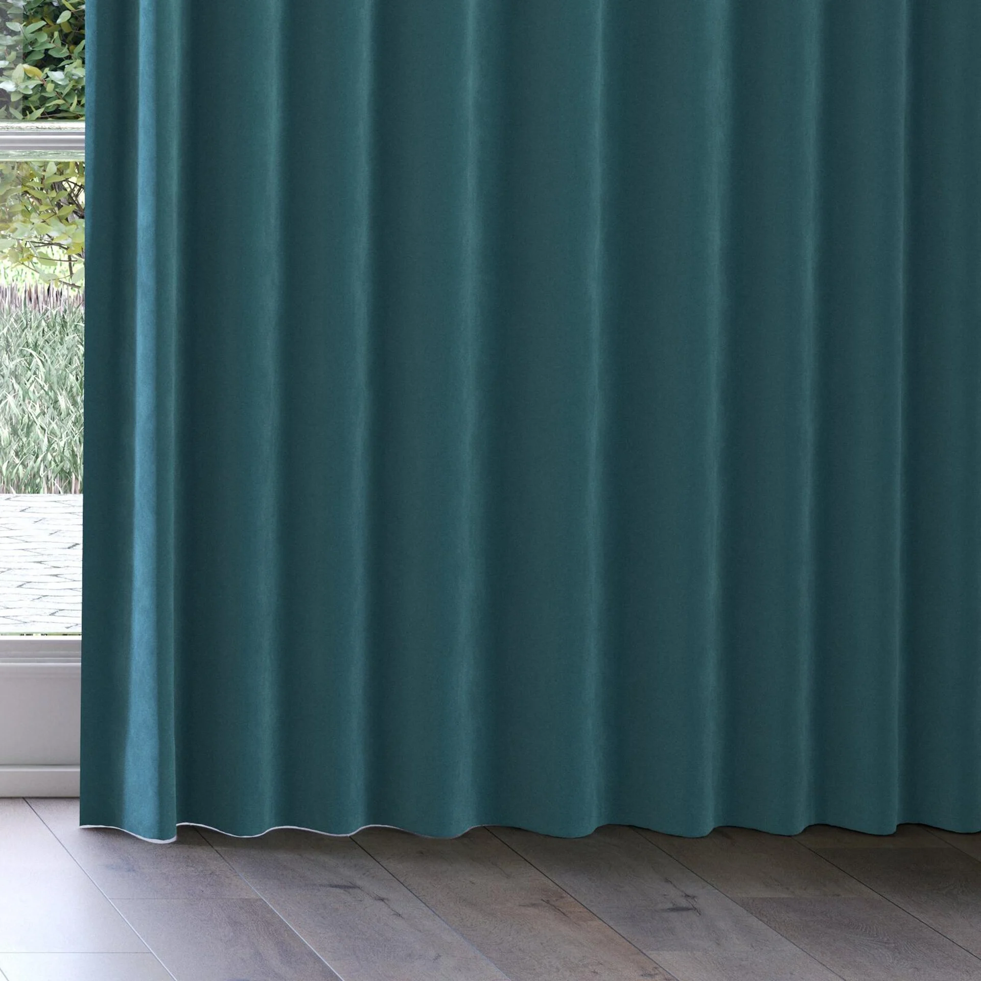 Bottom view of Lux Velvet Teal 8819, on curtain rail