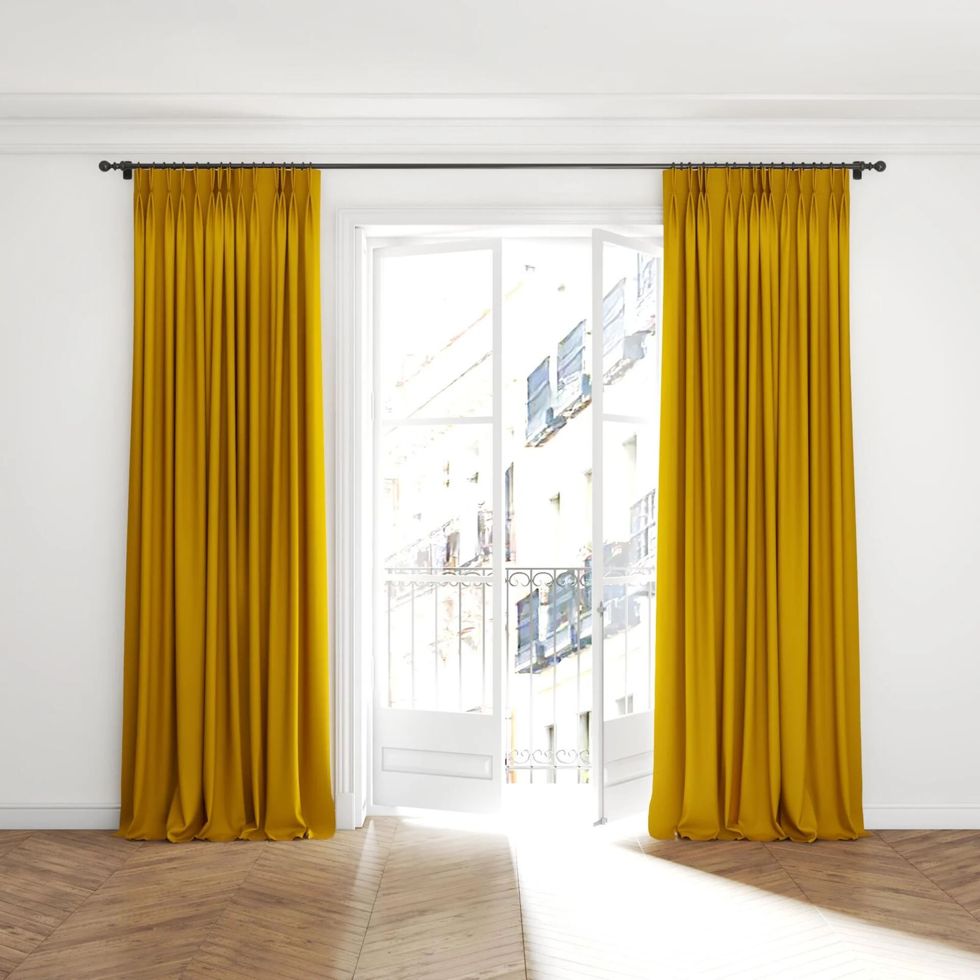 Full view of Vela Mustard, puddled with pinch pleat, on curtain rod