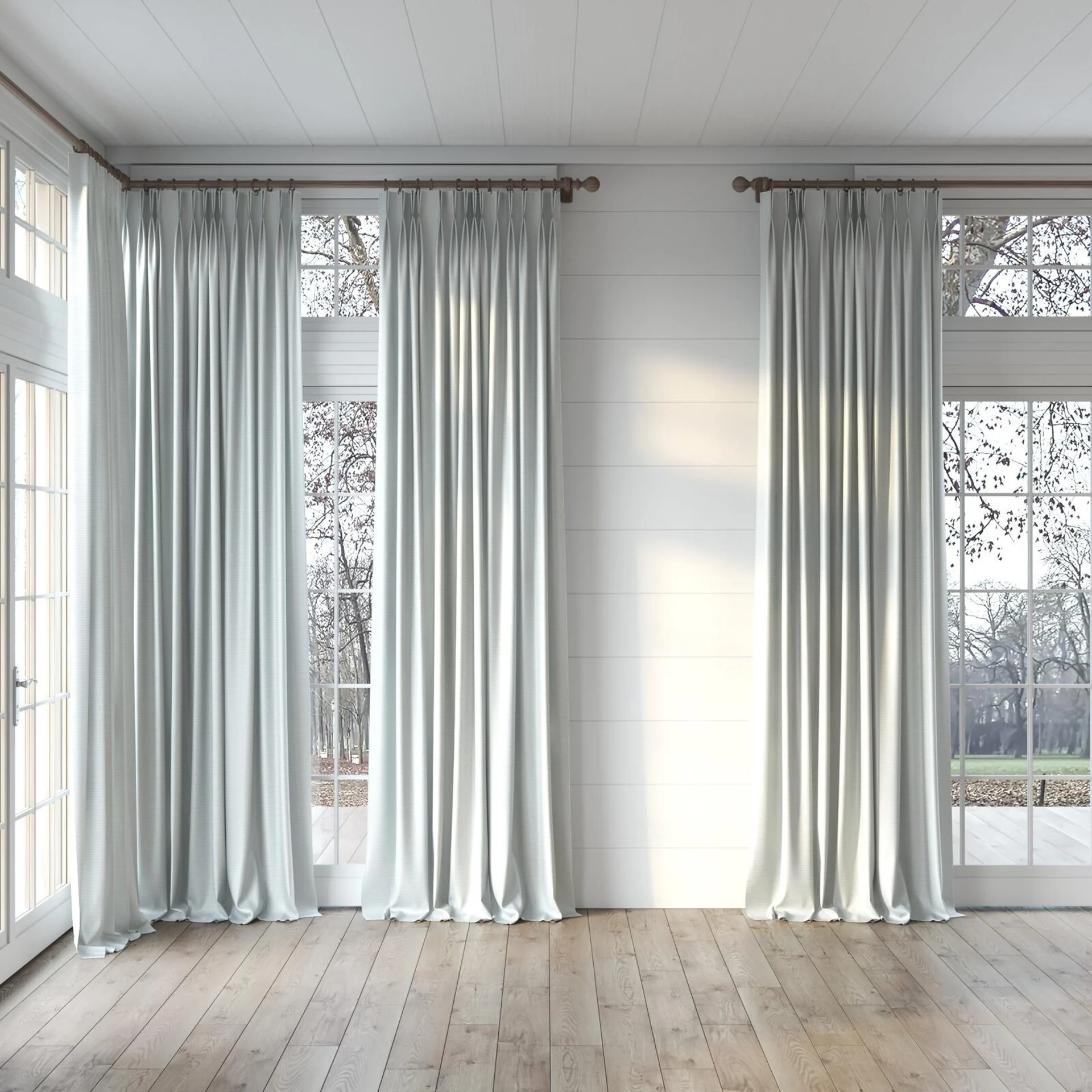 Full view of Kennedy II Blackout Whitewash, puddled, on curtain rod