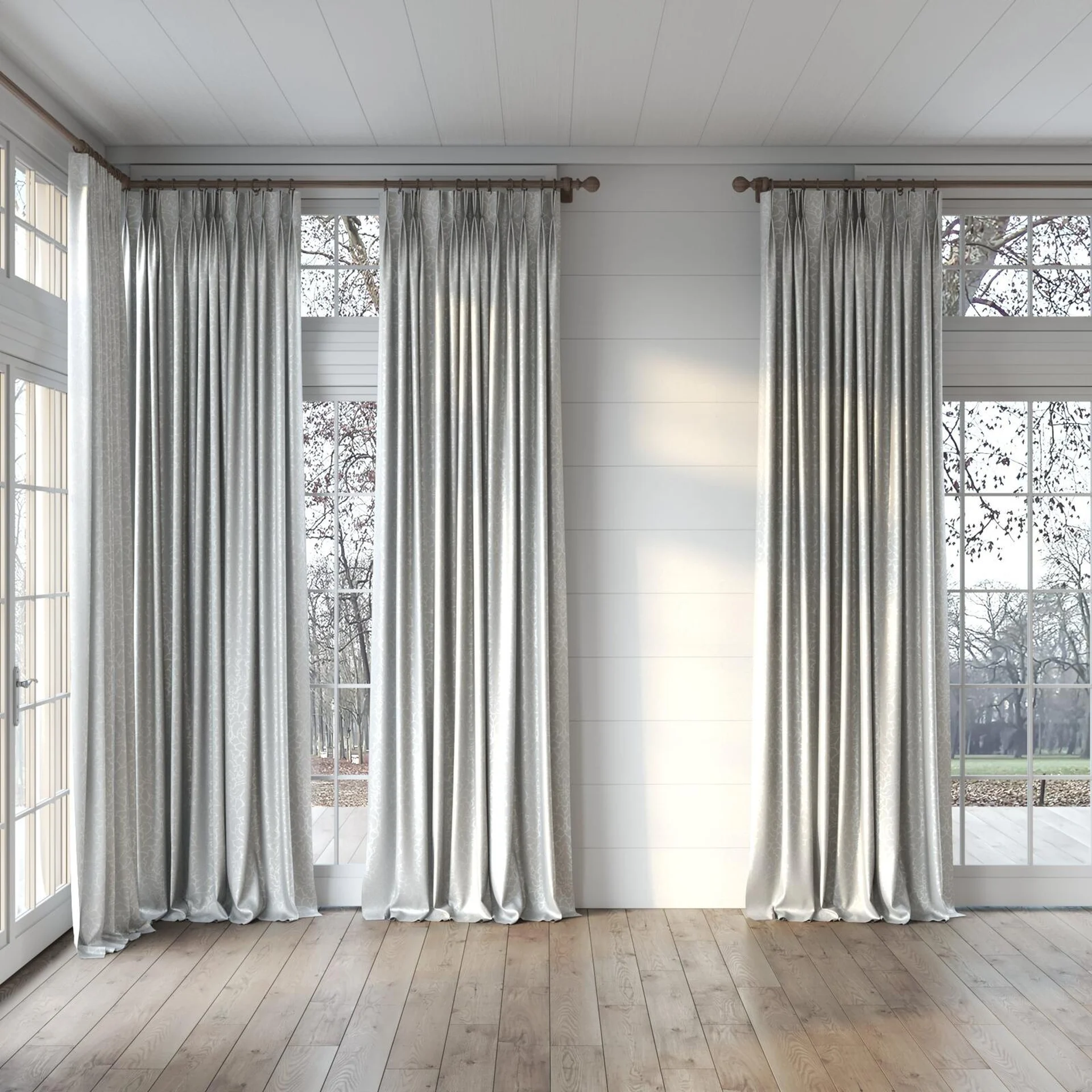 Full view of Opal Sterling, puddled, on curtain rod