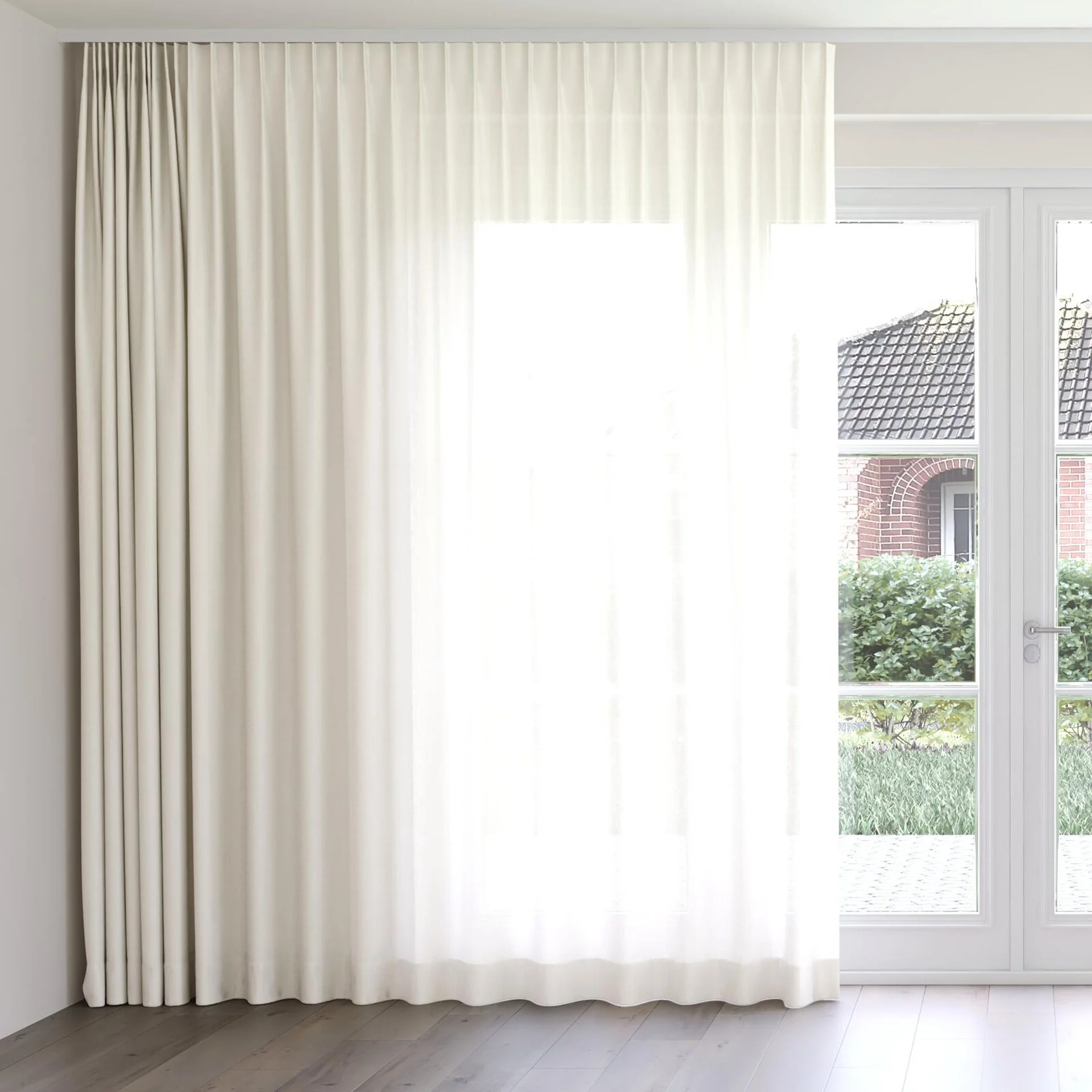 Front view of Linen Natural, on curtain rail