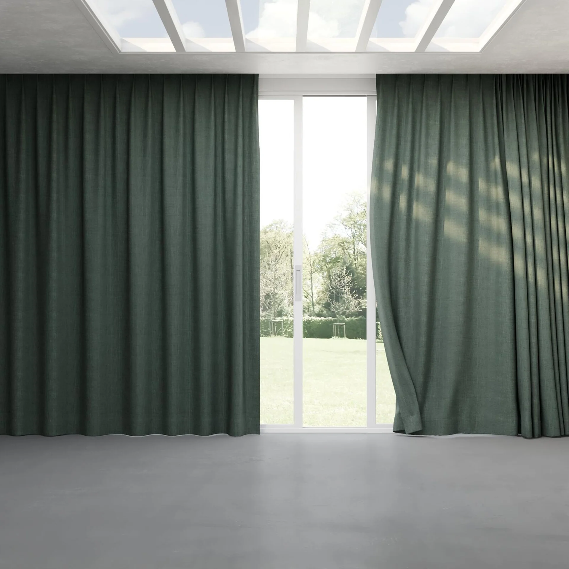 Full view of Planet Spruce, pinch pleat