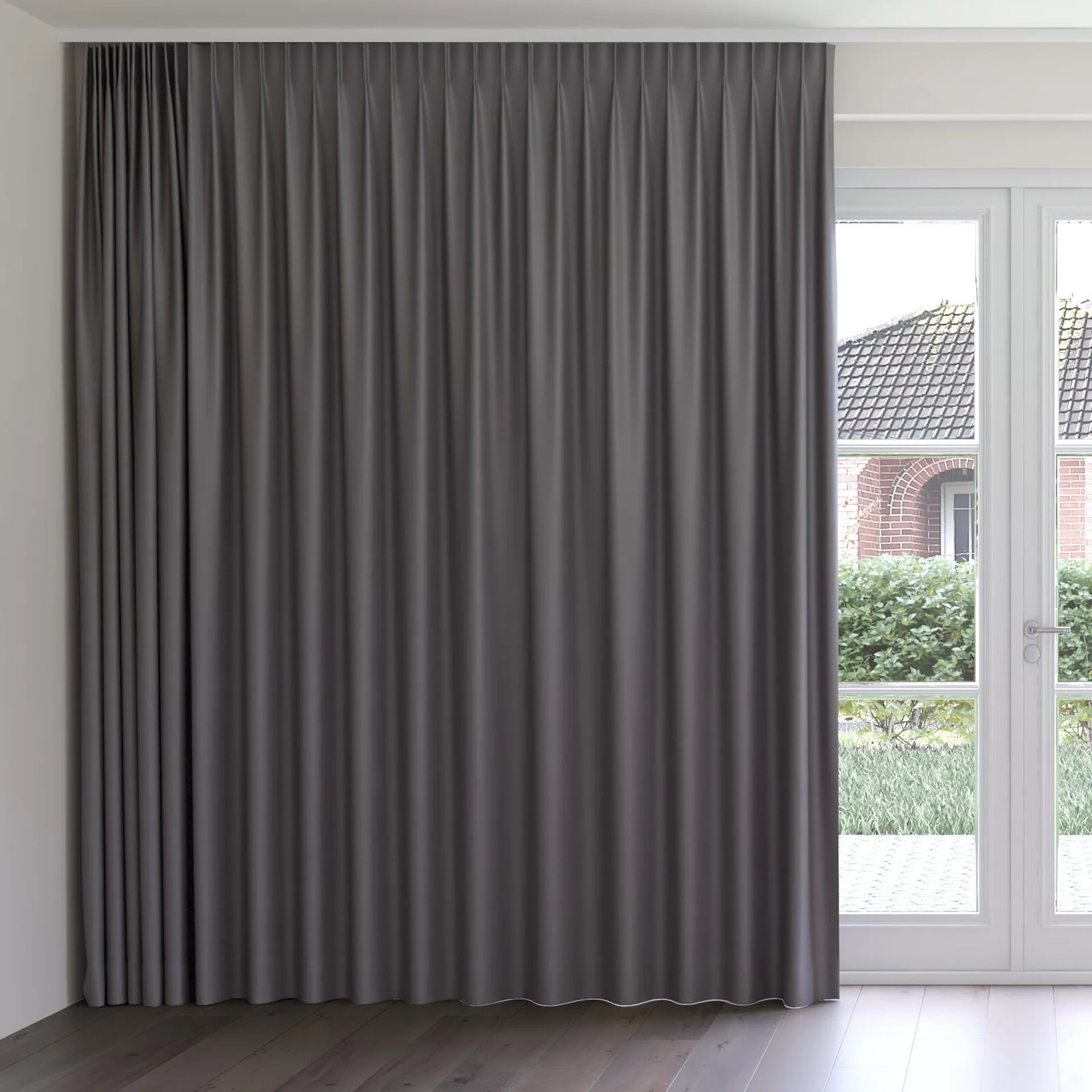 Front view of Infinite Night Shade, on curtain rail