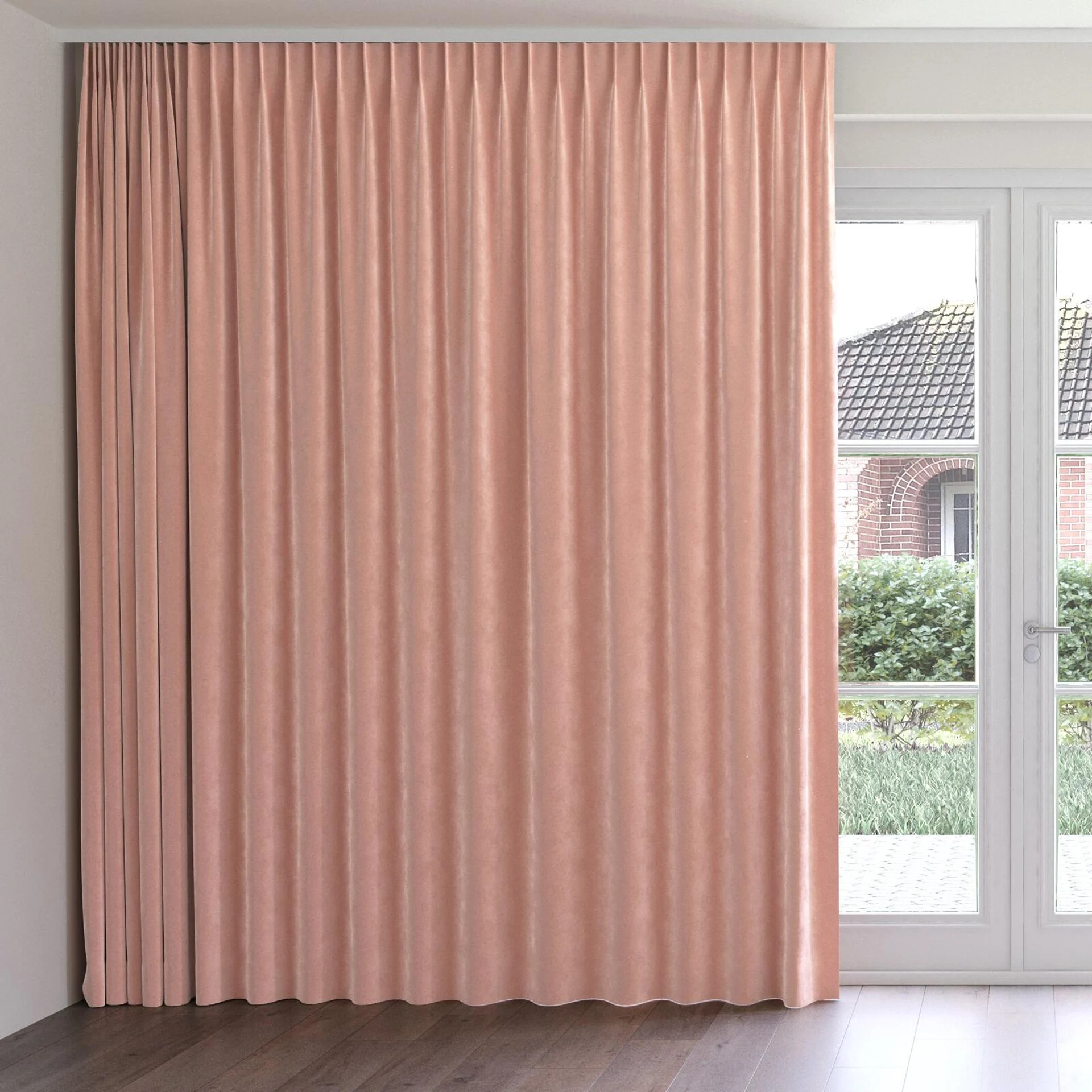 Front view of Lux Velvet Pink 8506, on curtain rail