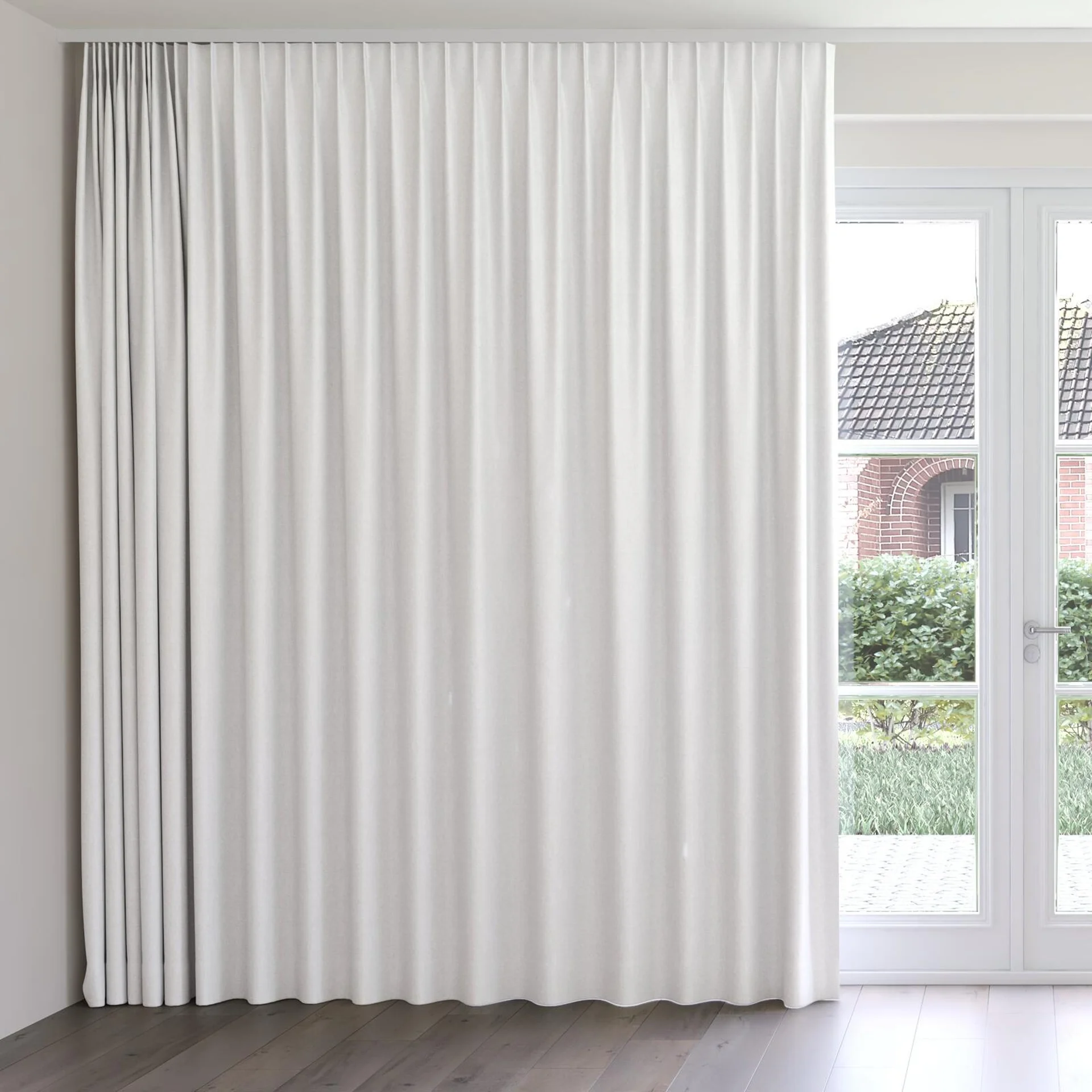 Front view of Retreat Blackout Pebble, on curtain rail