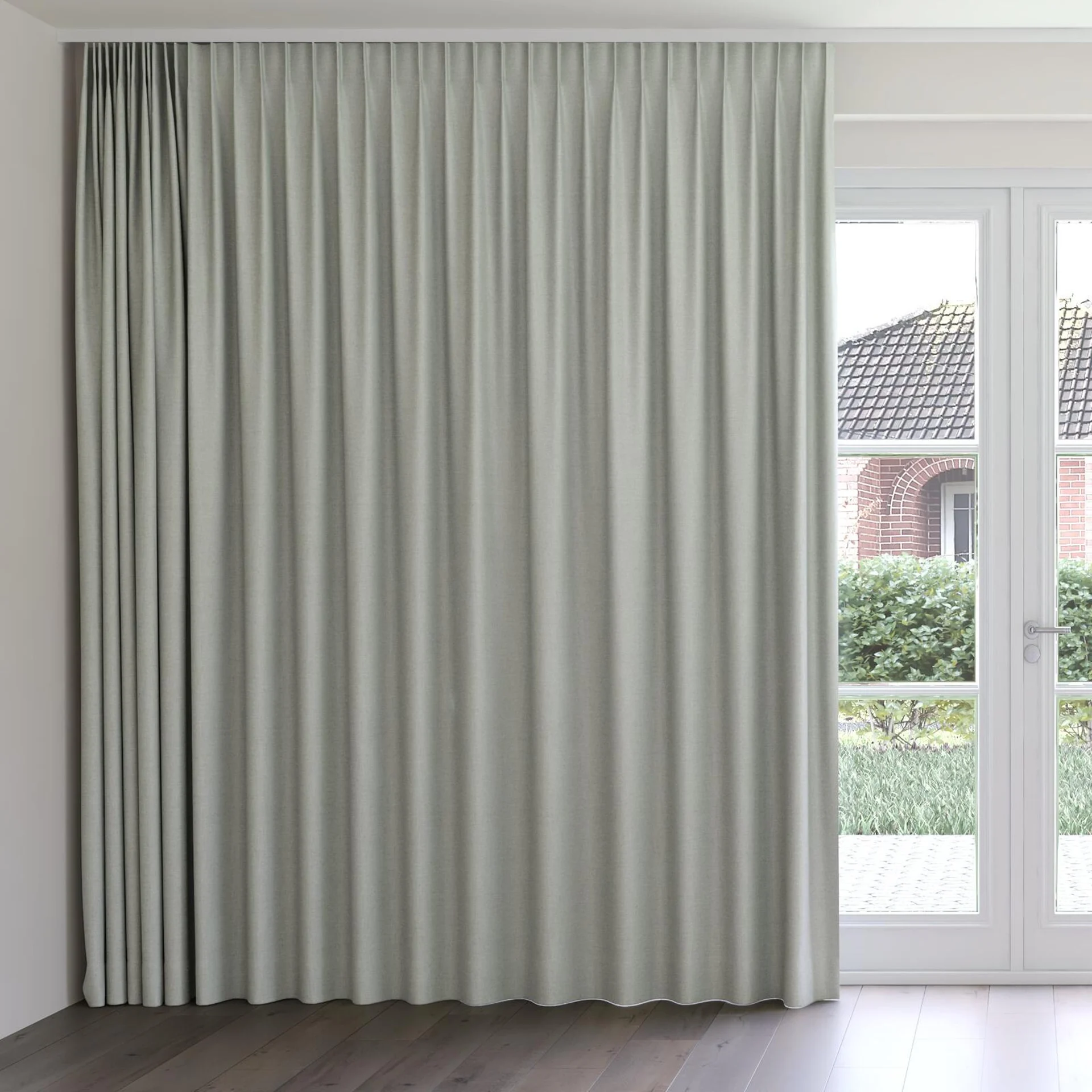 Front view of Stonewall Blackout Scuba, on curtain rail