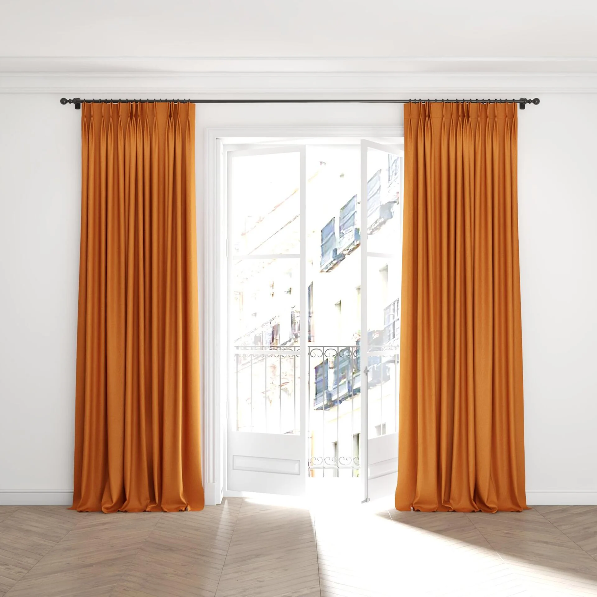 Full view of Casual Carrot, puddled with pinch pleat, on curtain rod