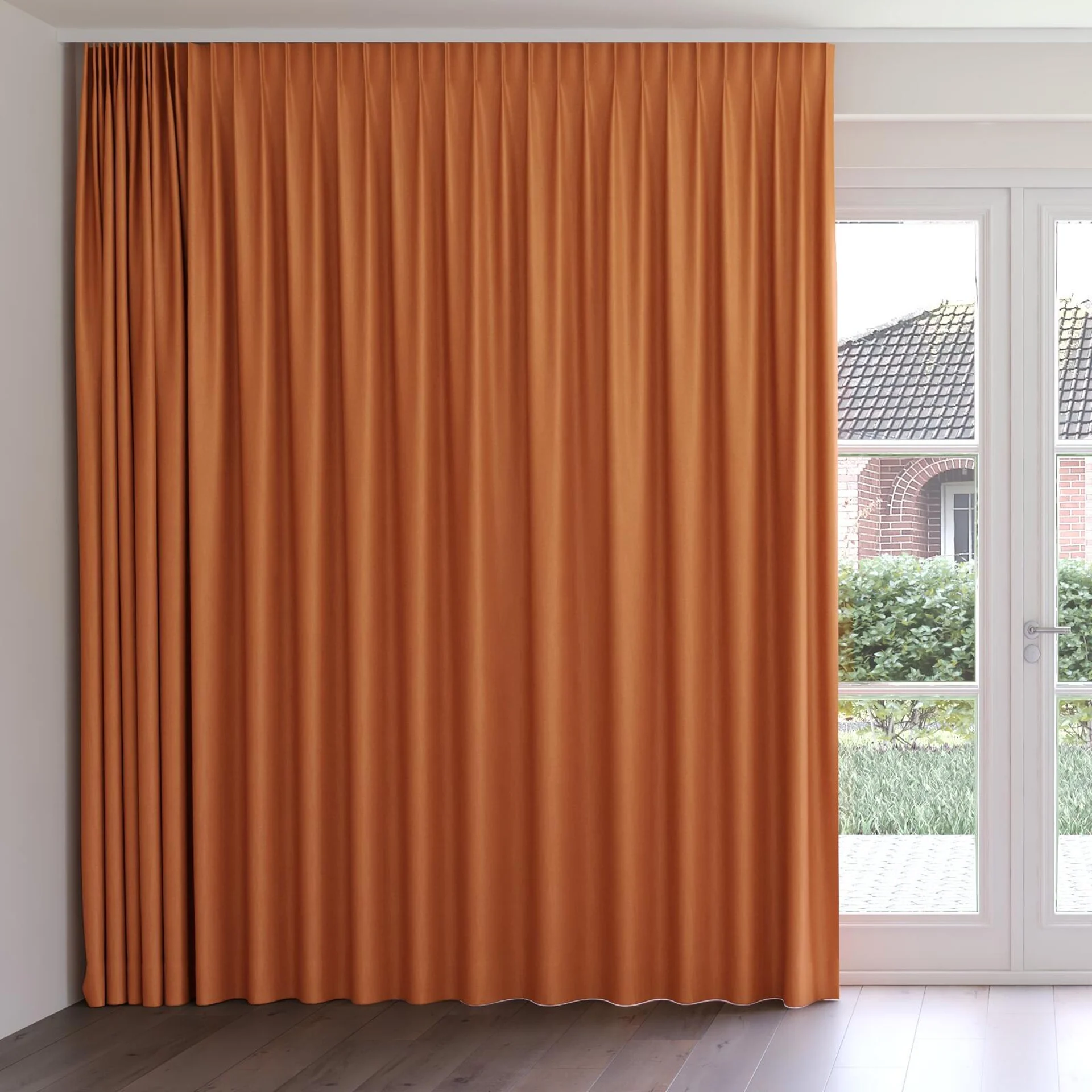 Front view of Kidglove Sienna, on curtain rail