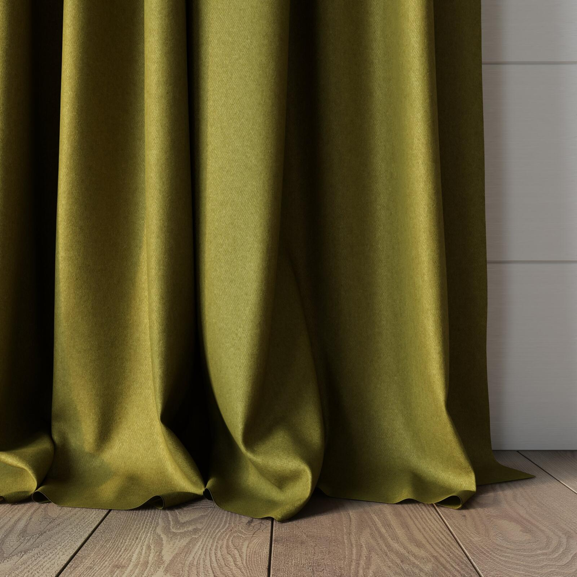 Bottom view of Woolly/Woolen Khaki, puddled, on curtain rod