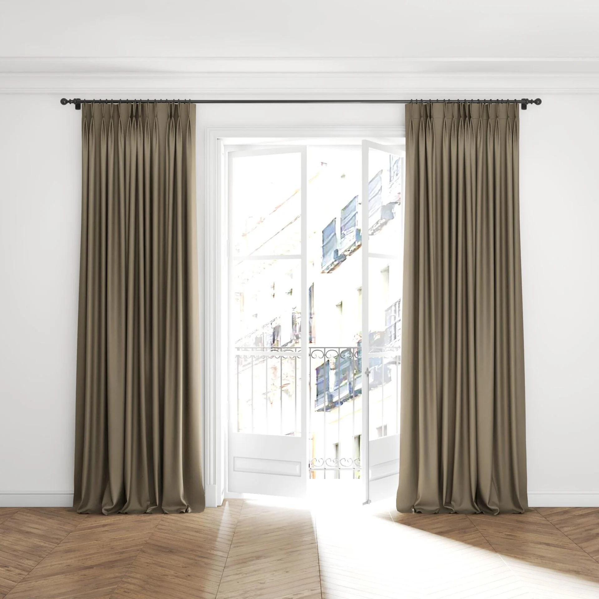 Full view of Re Delis Mushroom, puddled with pinch pleat, on curtain rod