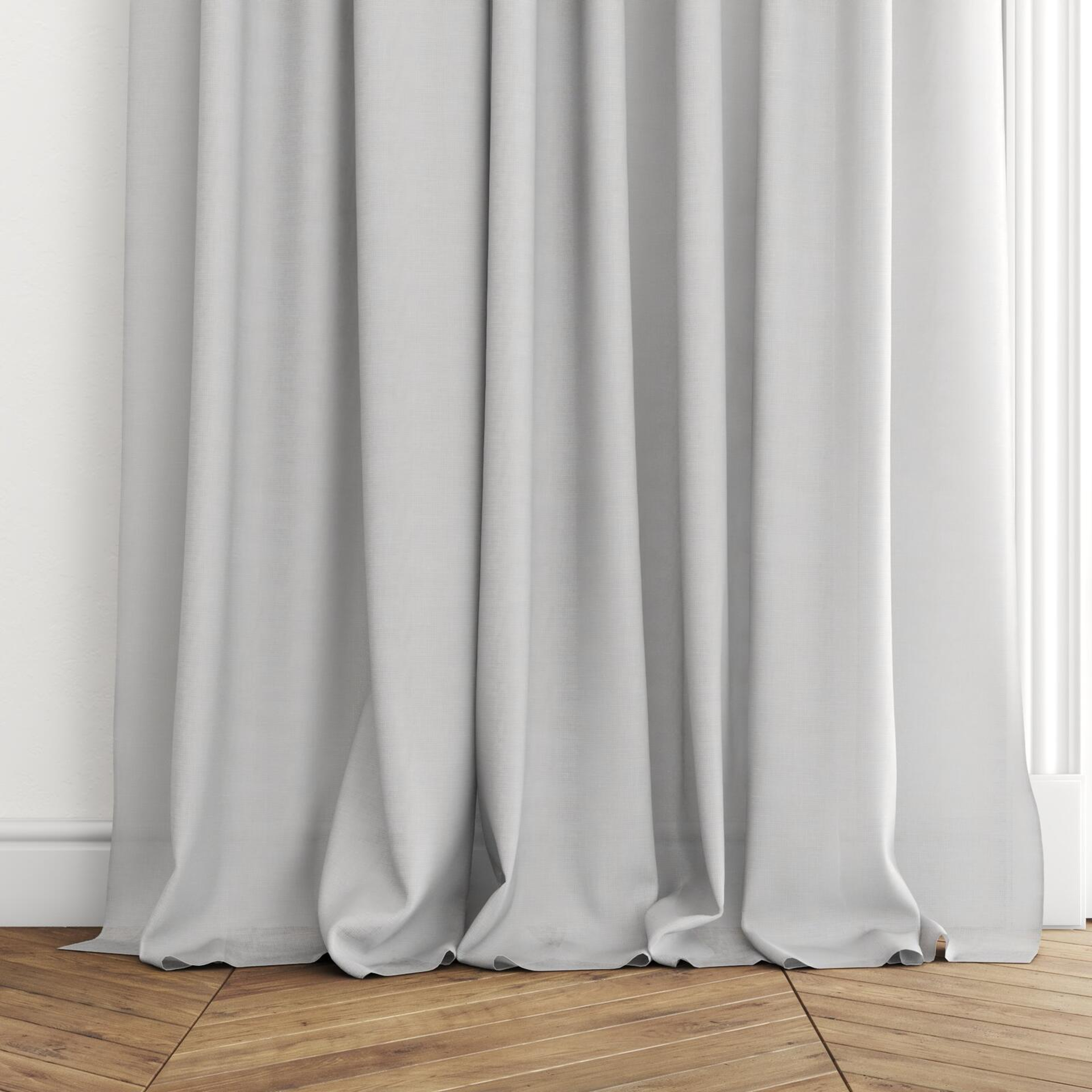 Bottom view of Gossy Silver, puddled with pinch pleat, on curtain rod