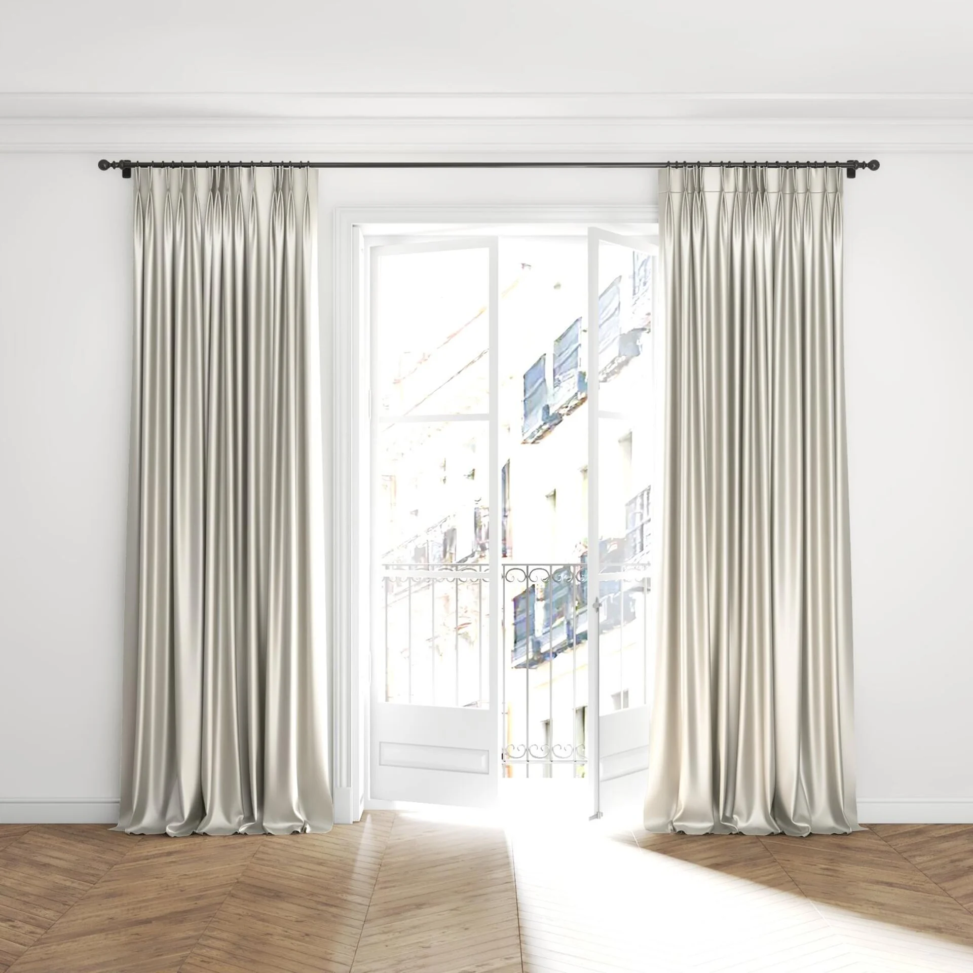 Full view of North Face Ivory, puddled with pinch pleat, on curtain rod