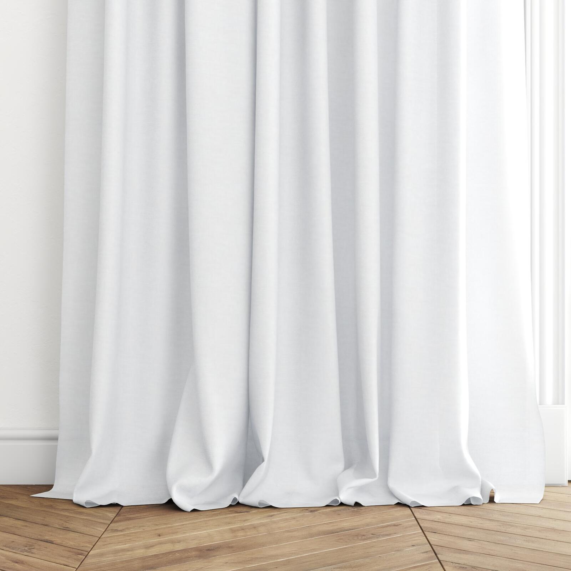 Bottom view of Arcadia Pristine, puddled with pinch pleat, on curtain rod