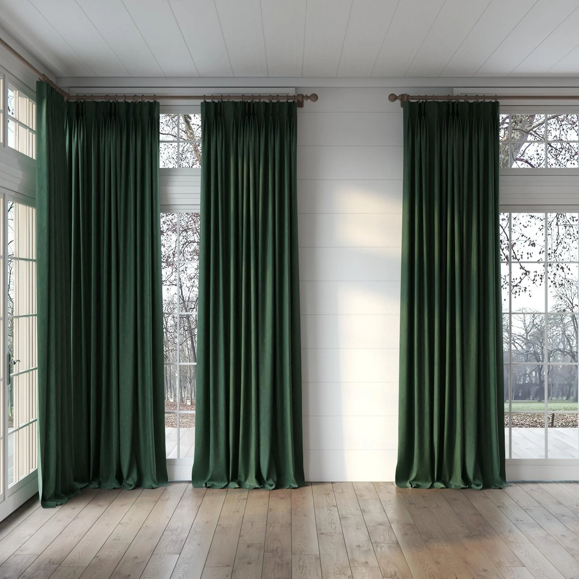 Full view of Tuxedo Ivy, puddled, on curtain rod