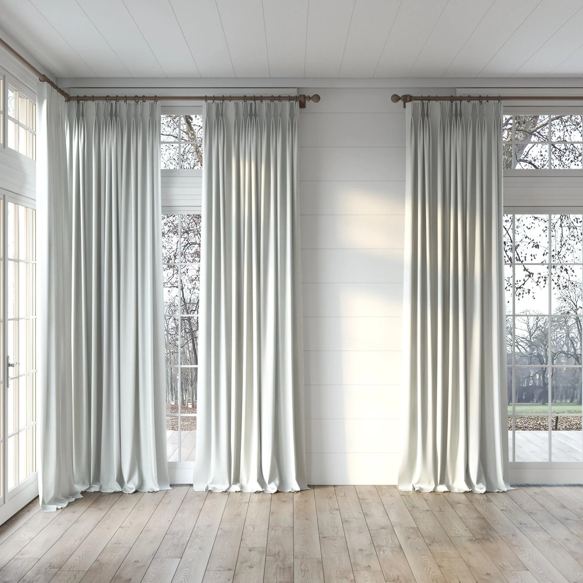 Full view of Retreat II Limestone, puddled, on curtain rod